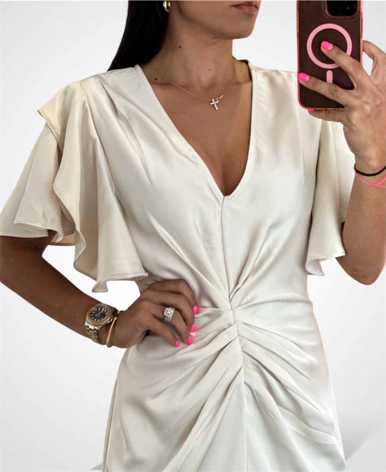 RUCHED WAIST V NECK SATIN MIDI DRESS