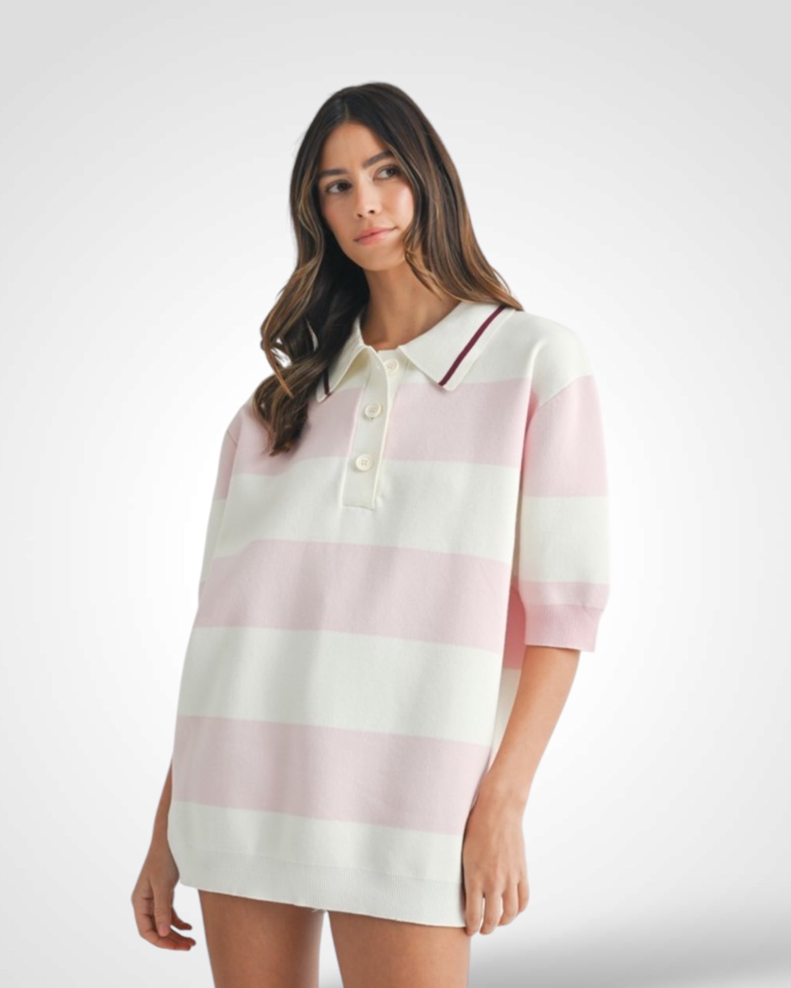 OVERSIZED STRIPE POLO COLLAR SWEATER TOP