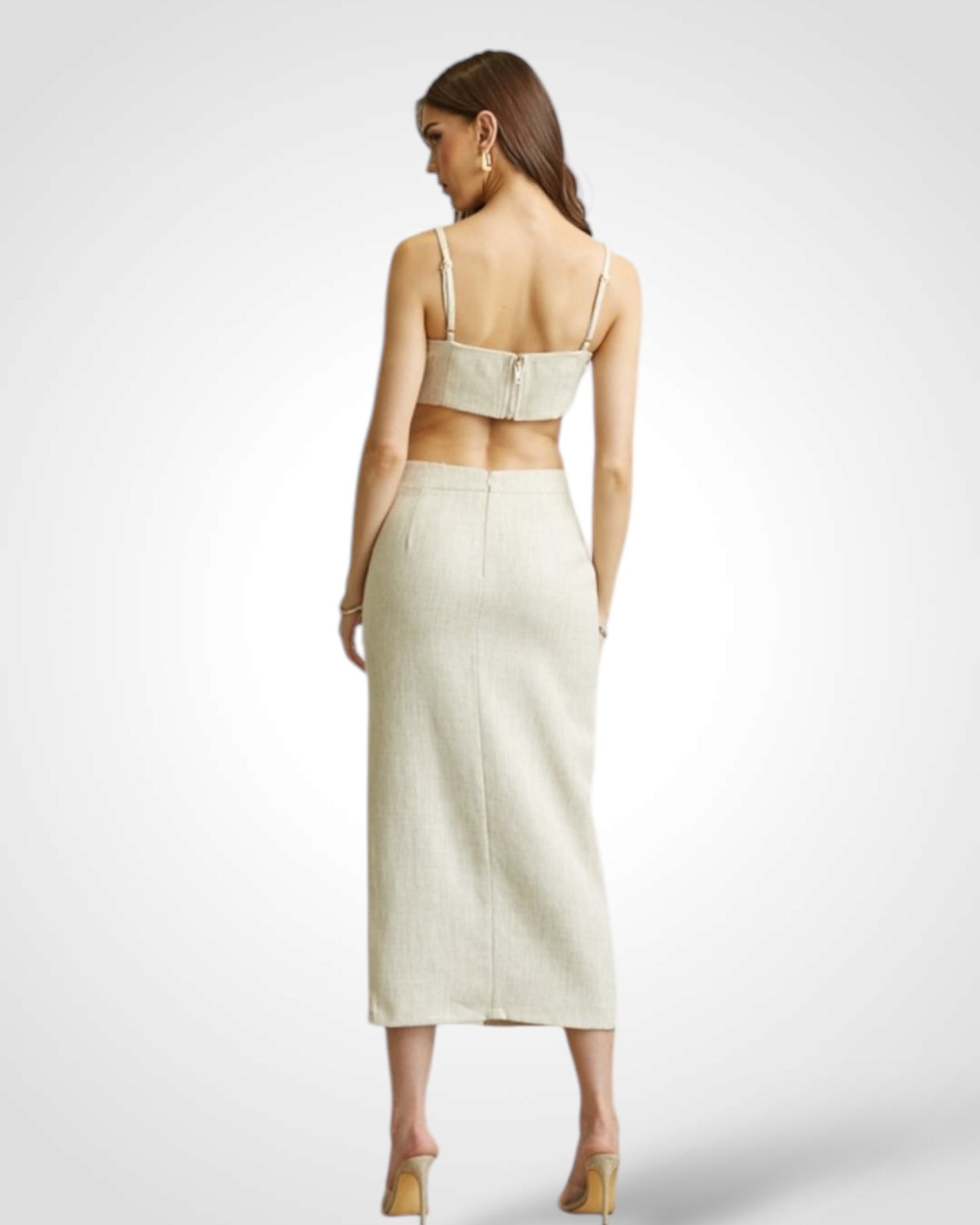 Linen-look Gold Button Wicker Skirt 2-pc Set