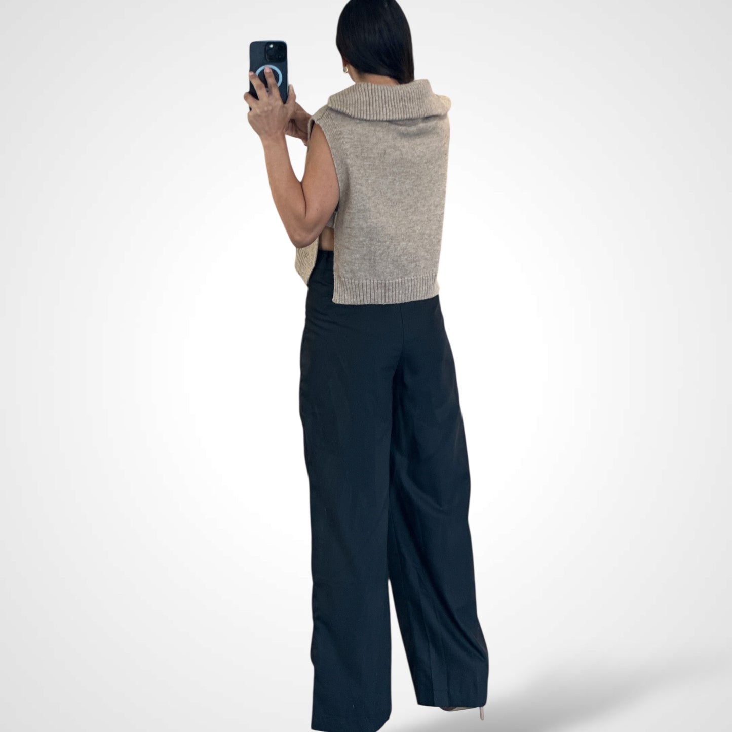 BLACK MID-RISE PINTUCK SUIT PANTS