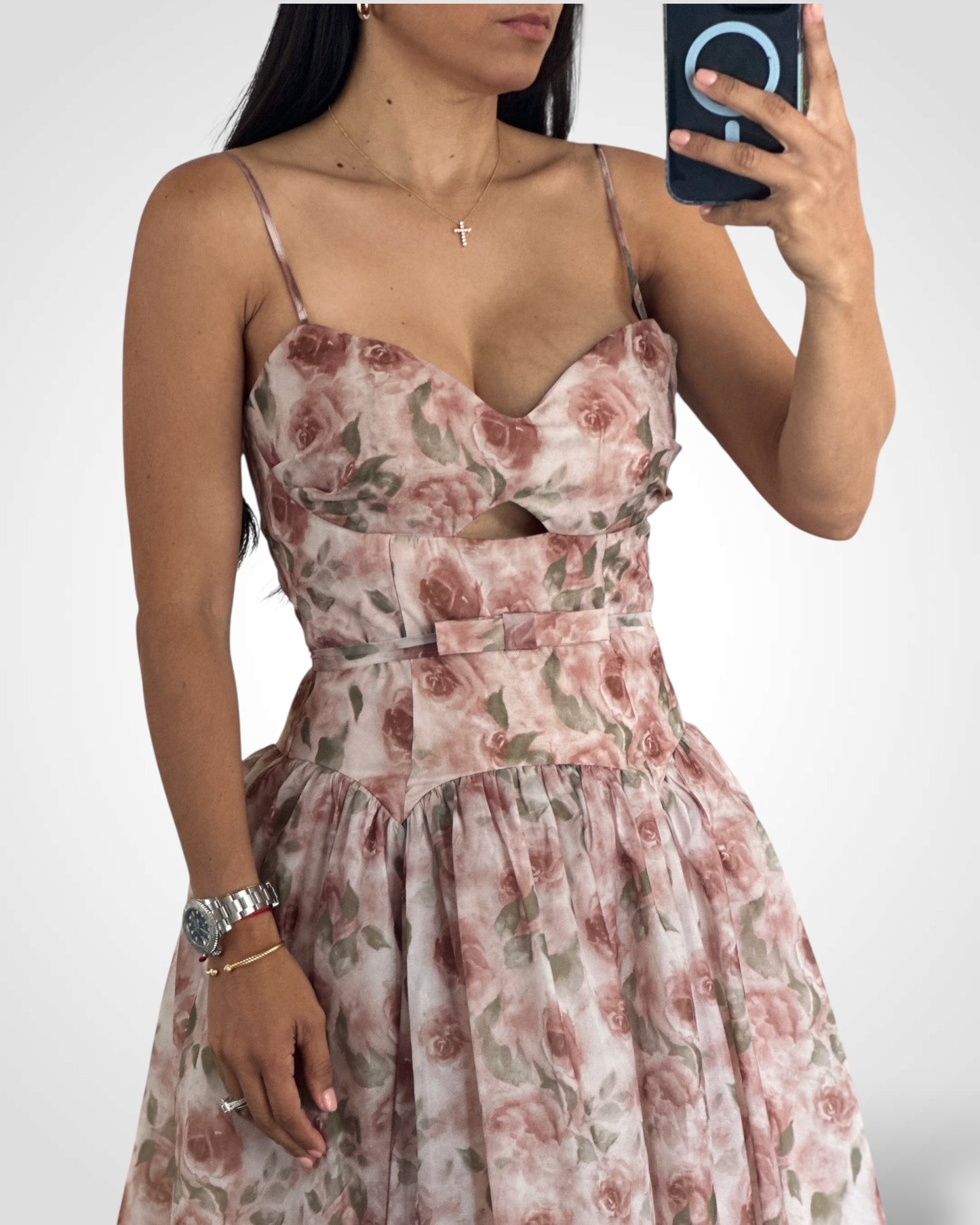 FLORAL ORGANZA SPAGHETTI STRAP MIDI DRESS
