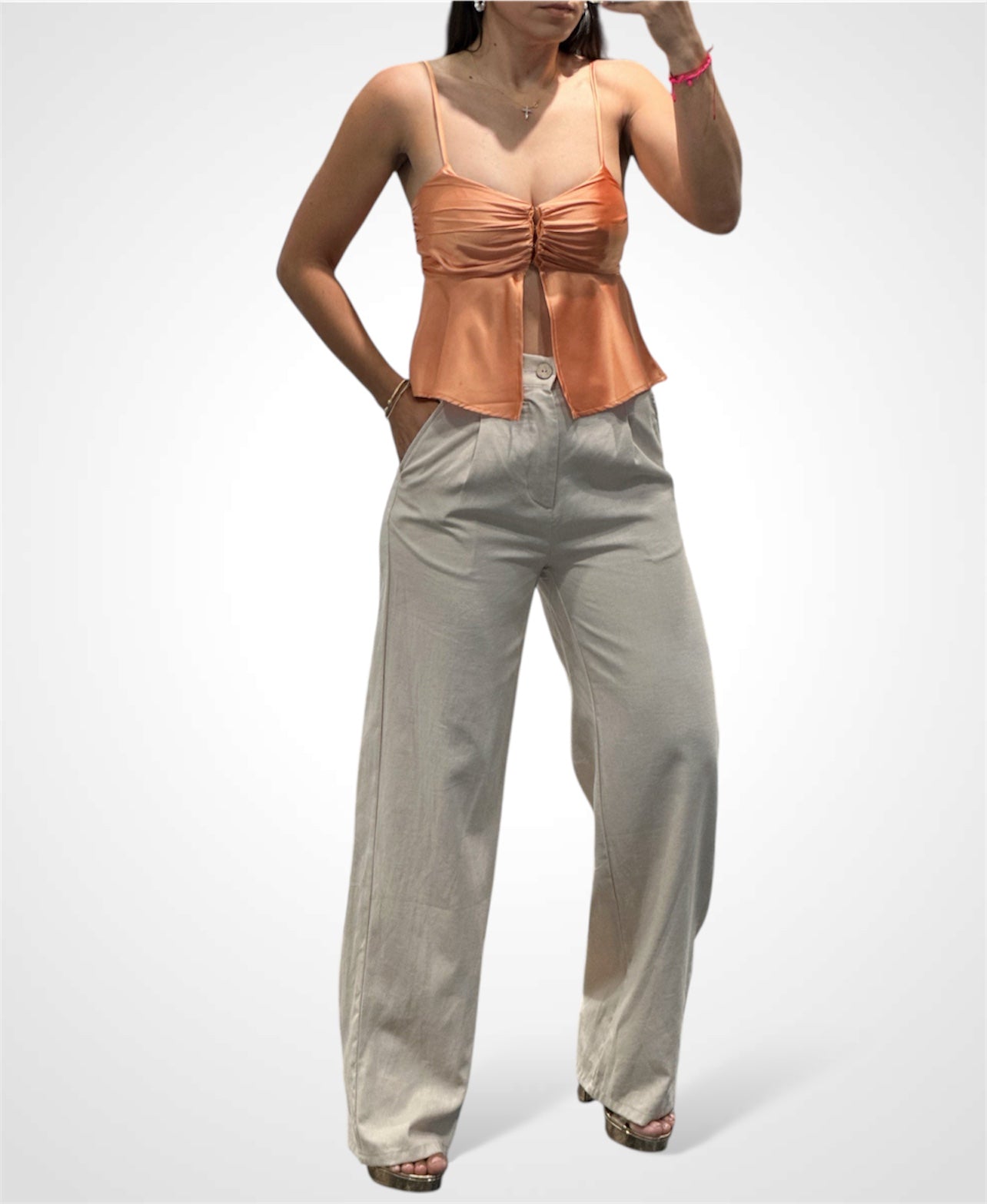 SPAGHETTI STRAP HOOK&EYE DETAIL SATIN TOP