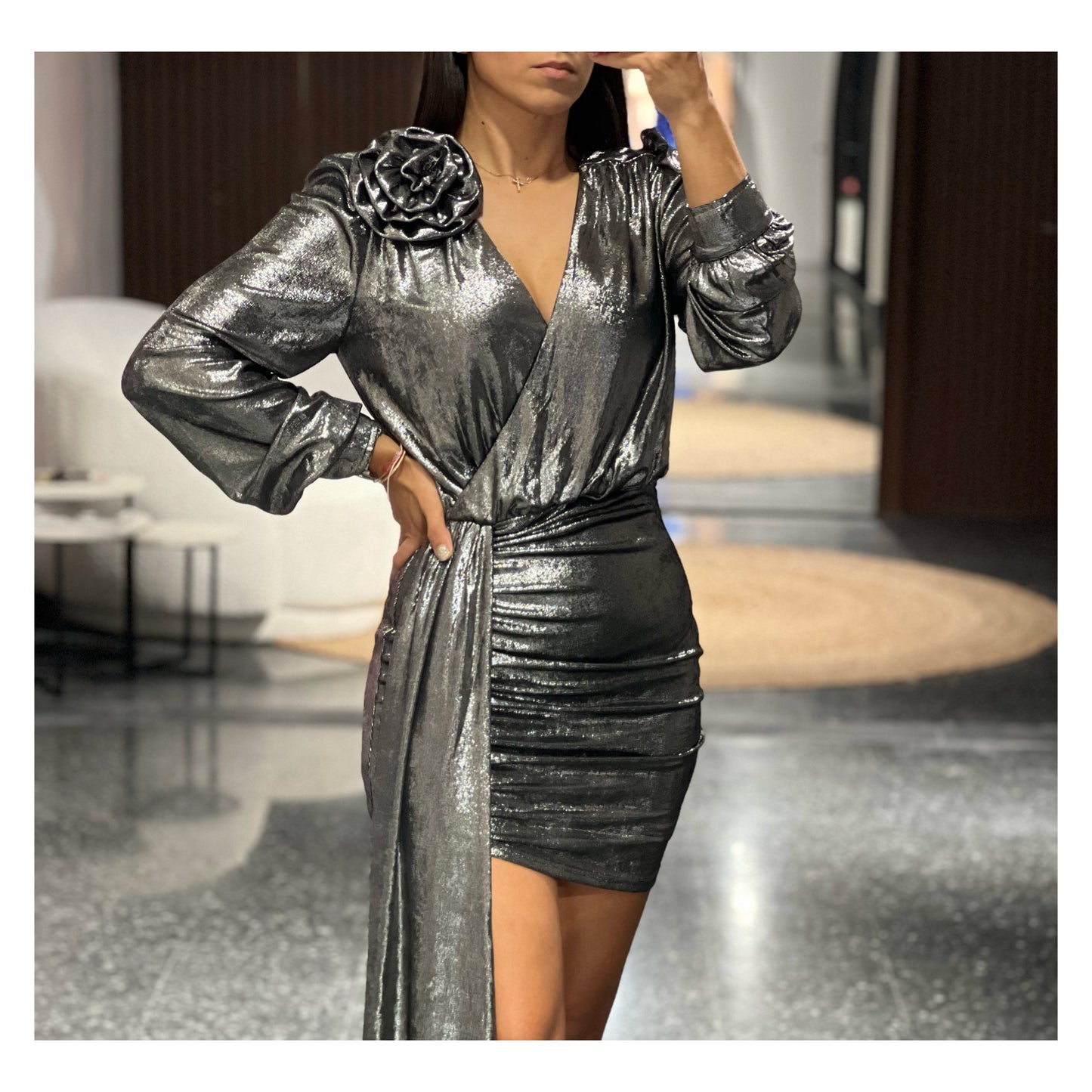 Metallic Wrap Mini Dress