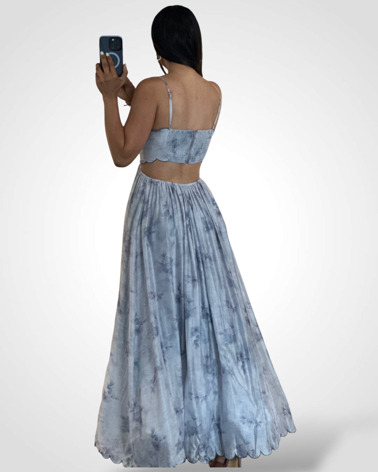 FLORAL PRINTED SCALLOP EMBO MIDI DRESS