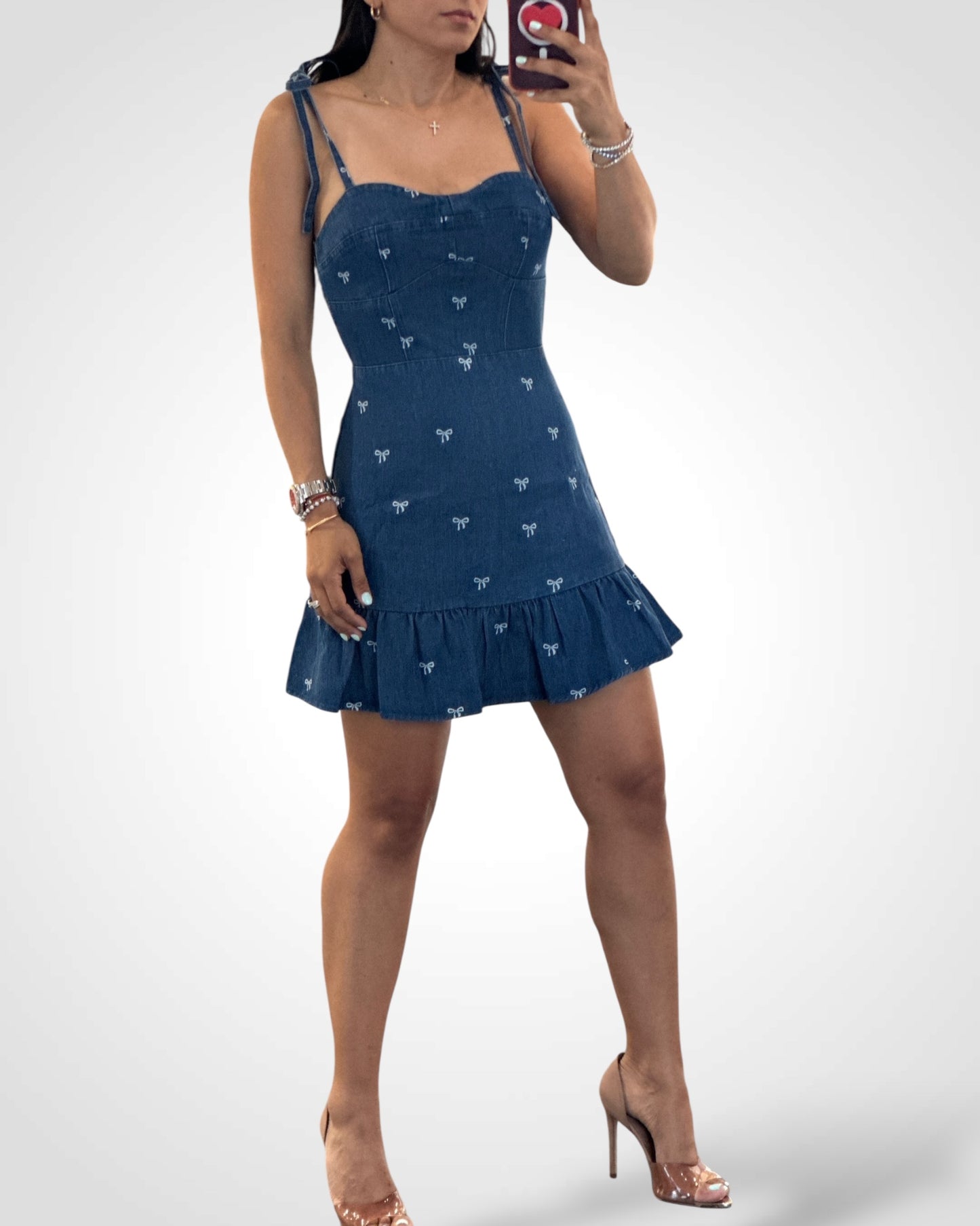 Denim Washed Bow Mini Dress