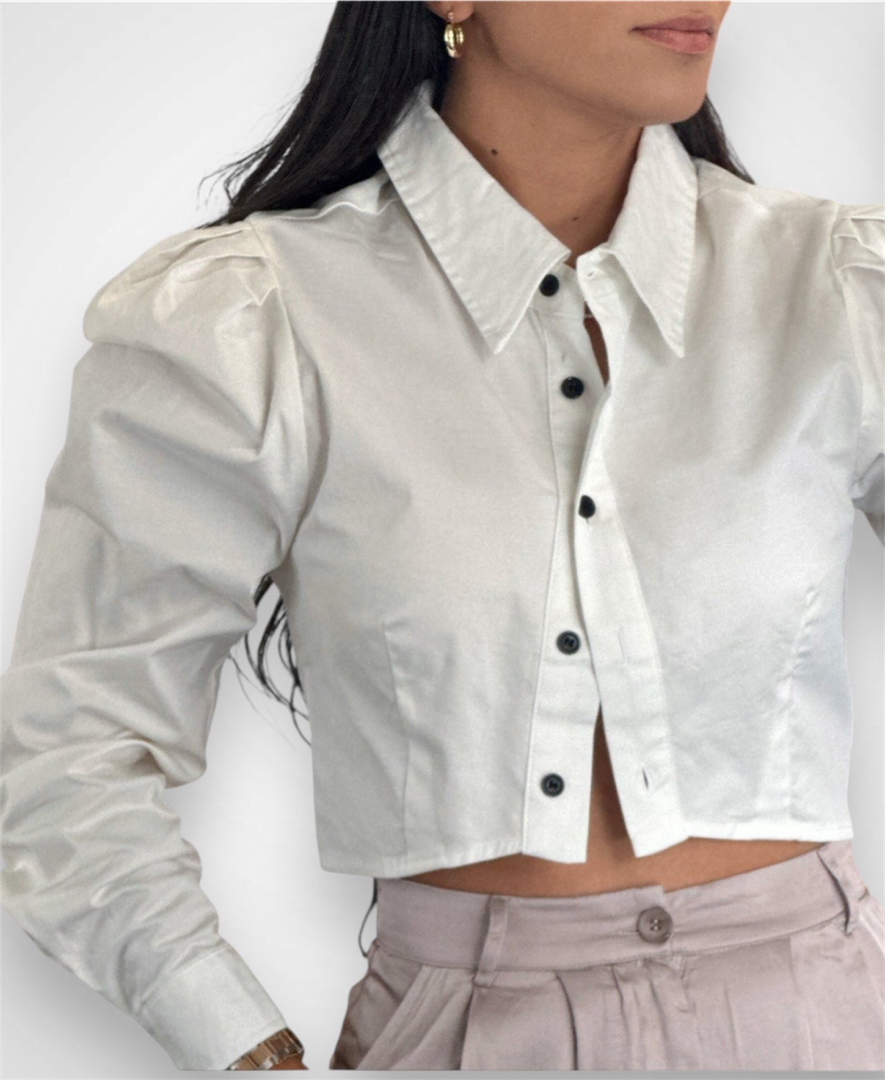 PUFF SLEEVE BUTTON UP CROP SHIRT TOP