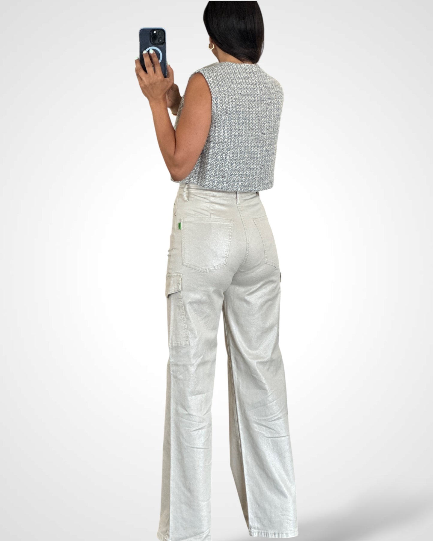 GLITTER HIGH-RISE CARGO WIDE LEG JEANS