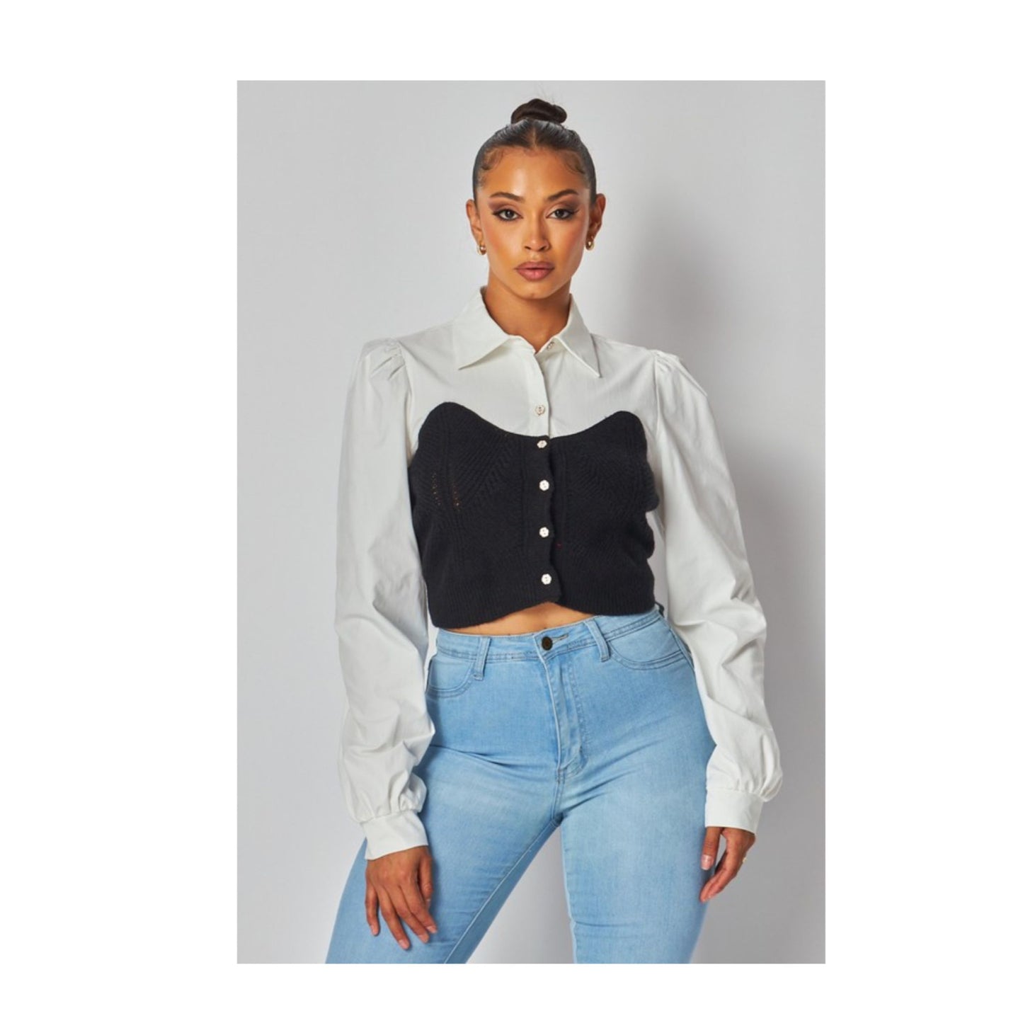 KELLEY KNIT SWEATER CONTRAST BUTTON UP BLOUSE
