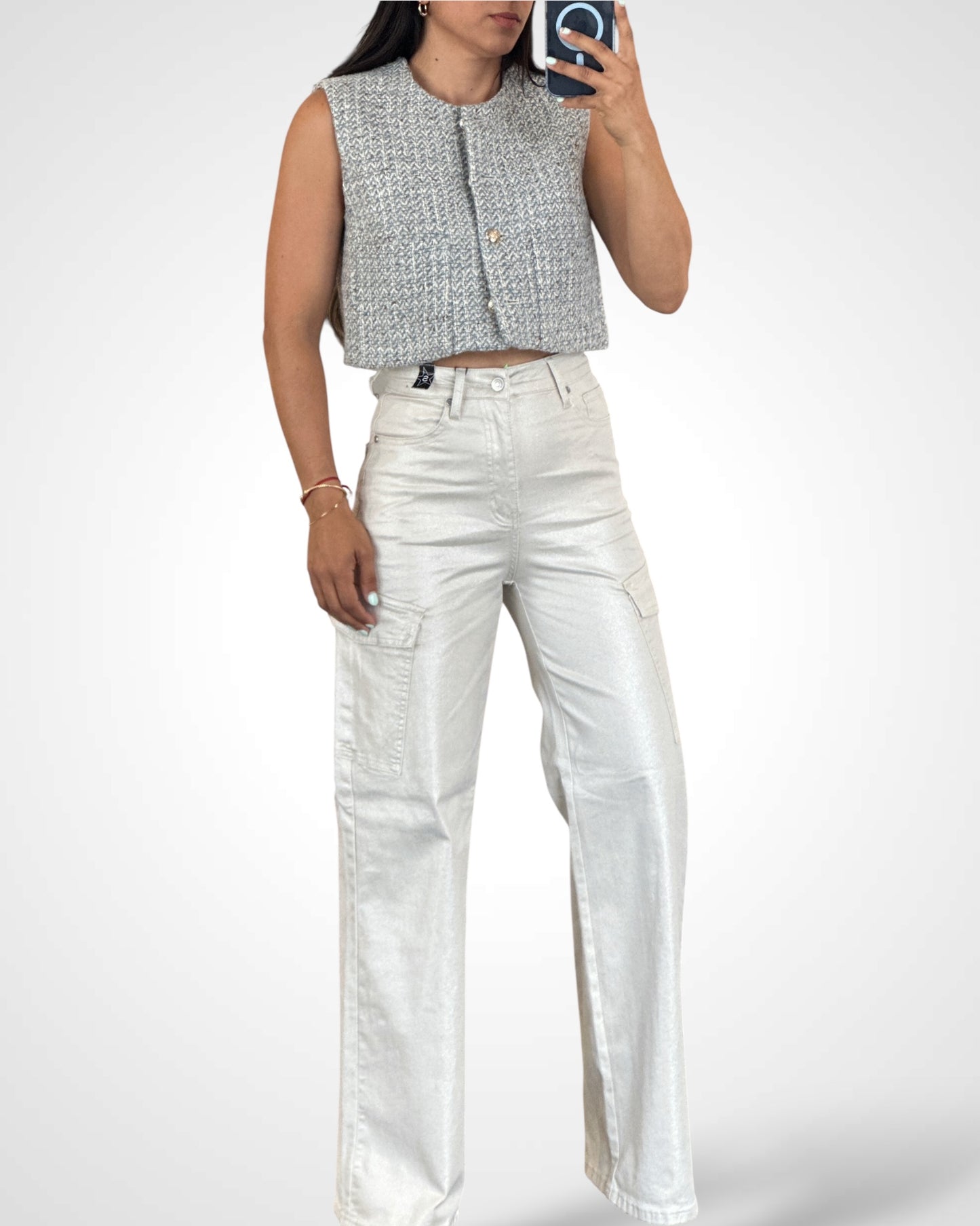 GLITTER HIGH-RISE CARGO WIDE LEG JEANS