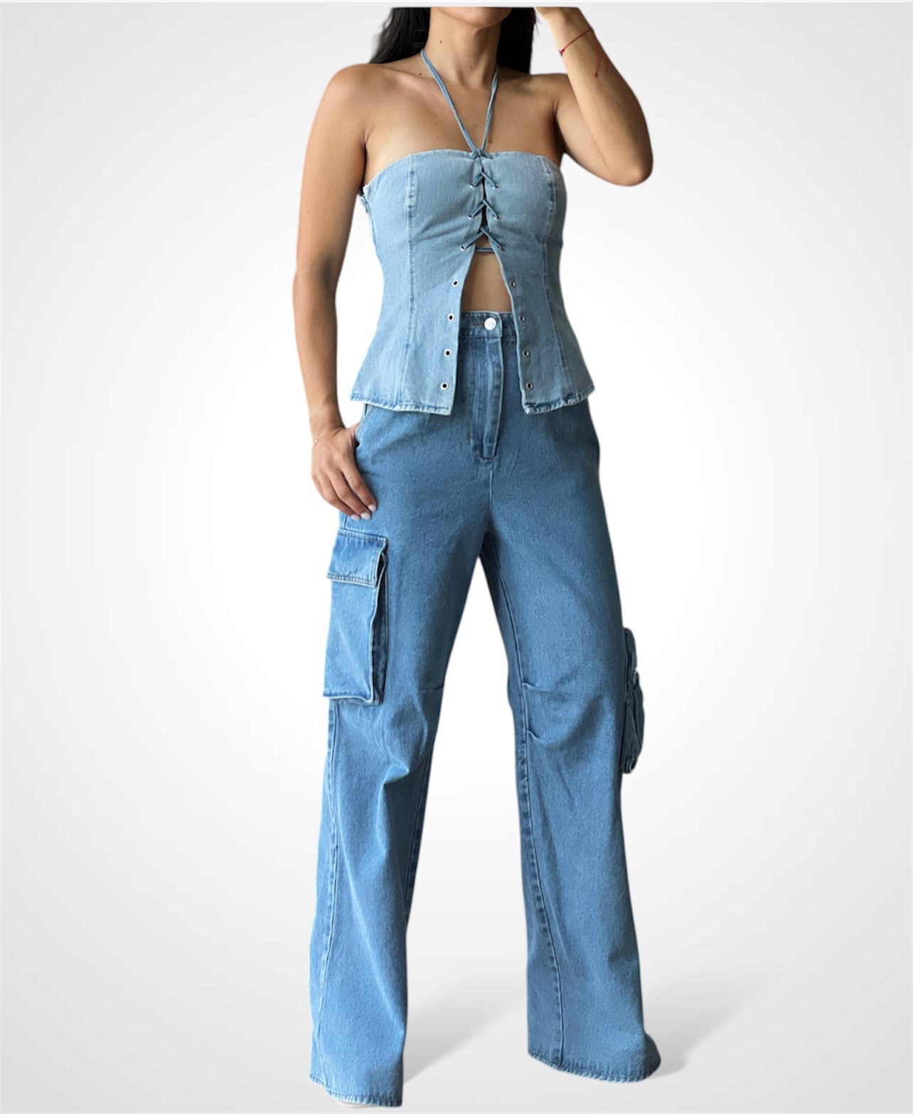 Denim Halter Neck Lace Up Top