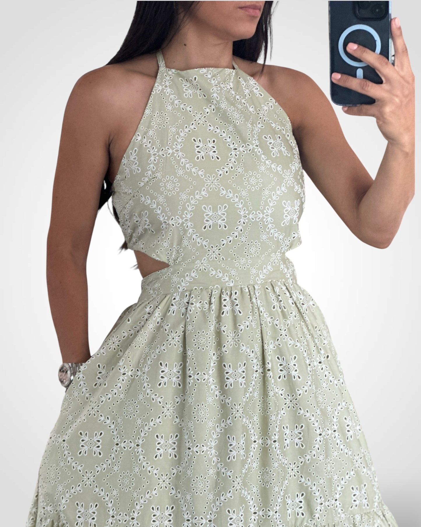 EYELET GREEN DRESS