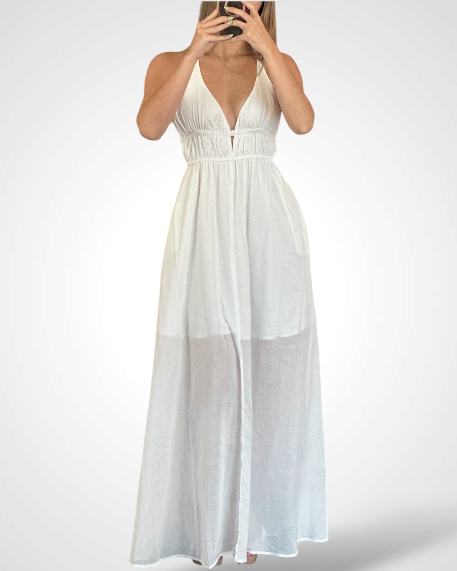 SJQ HALTER PLUNGING NECK SHIRRED WAIST MAXI DRESS