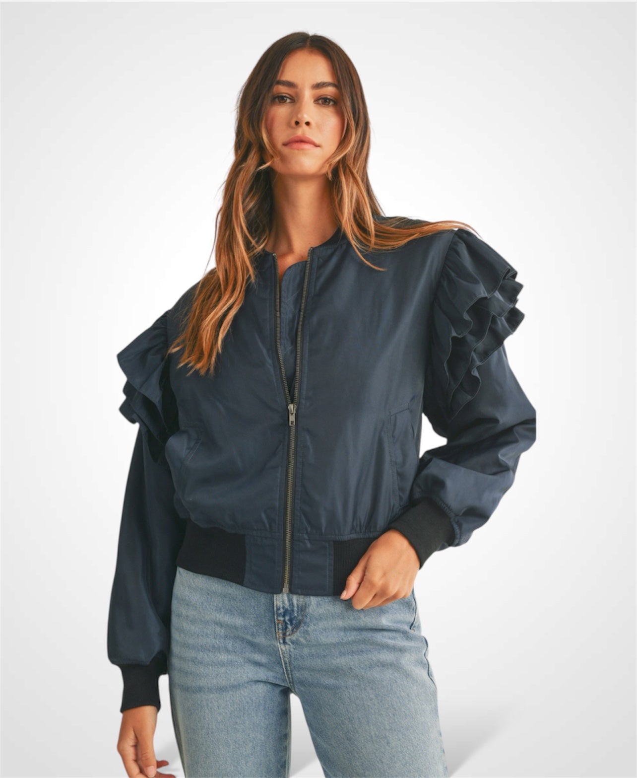 RUFFLED SLEEVE BOMBER JACKET