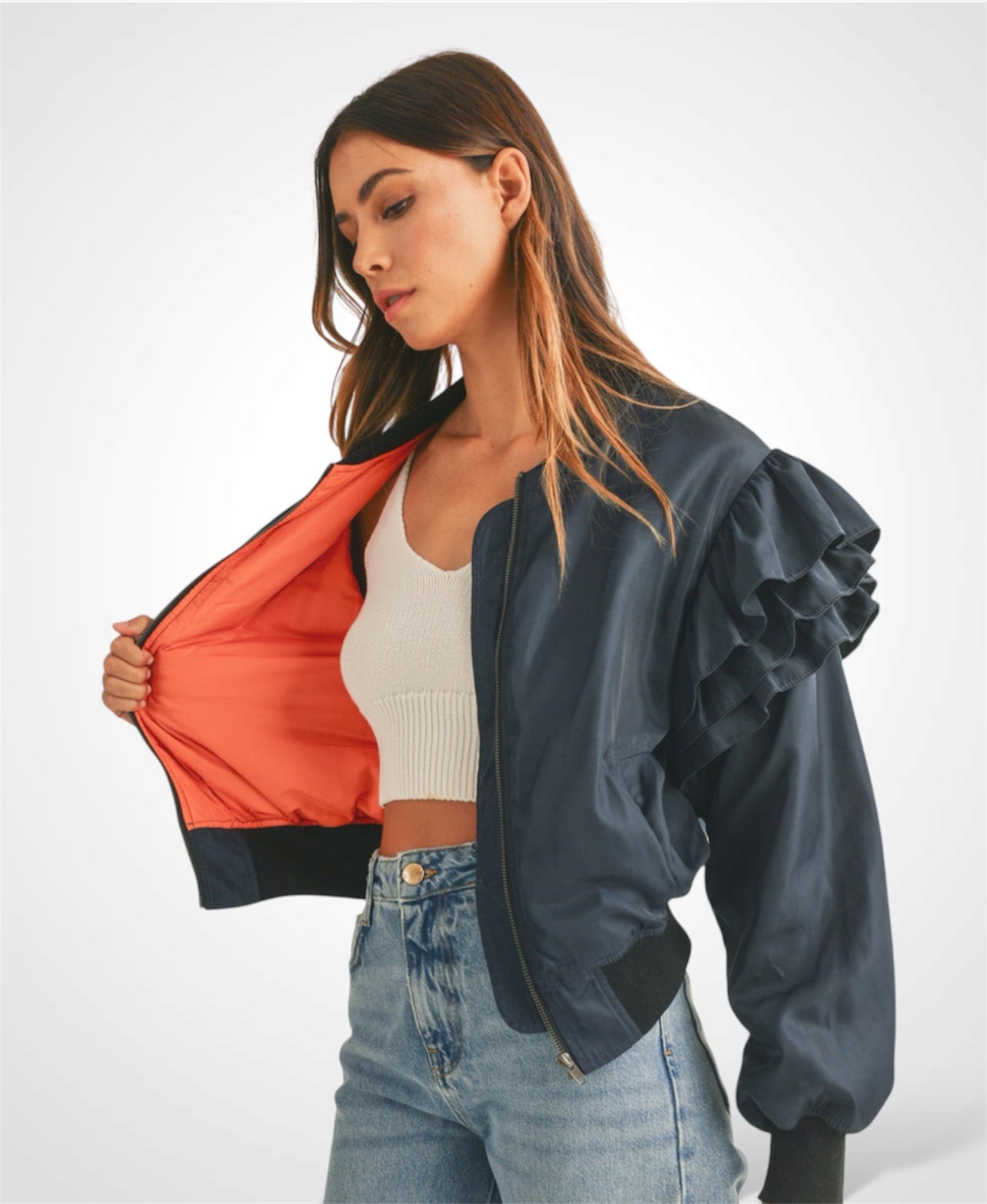 RUFFLED SLEEVE BOMBER JACKET