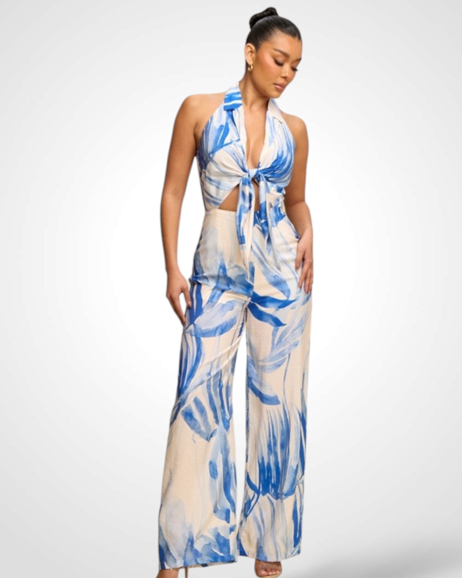 SJQ-PALMS PRINT HALTER NECK JUMPSUIT