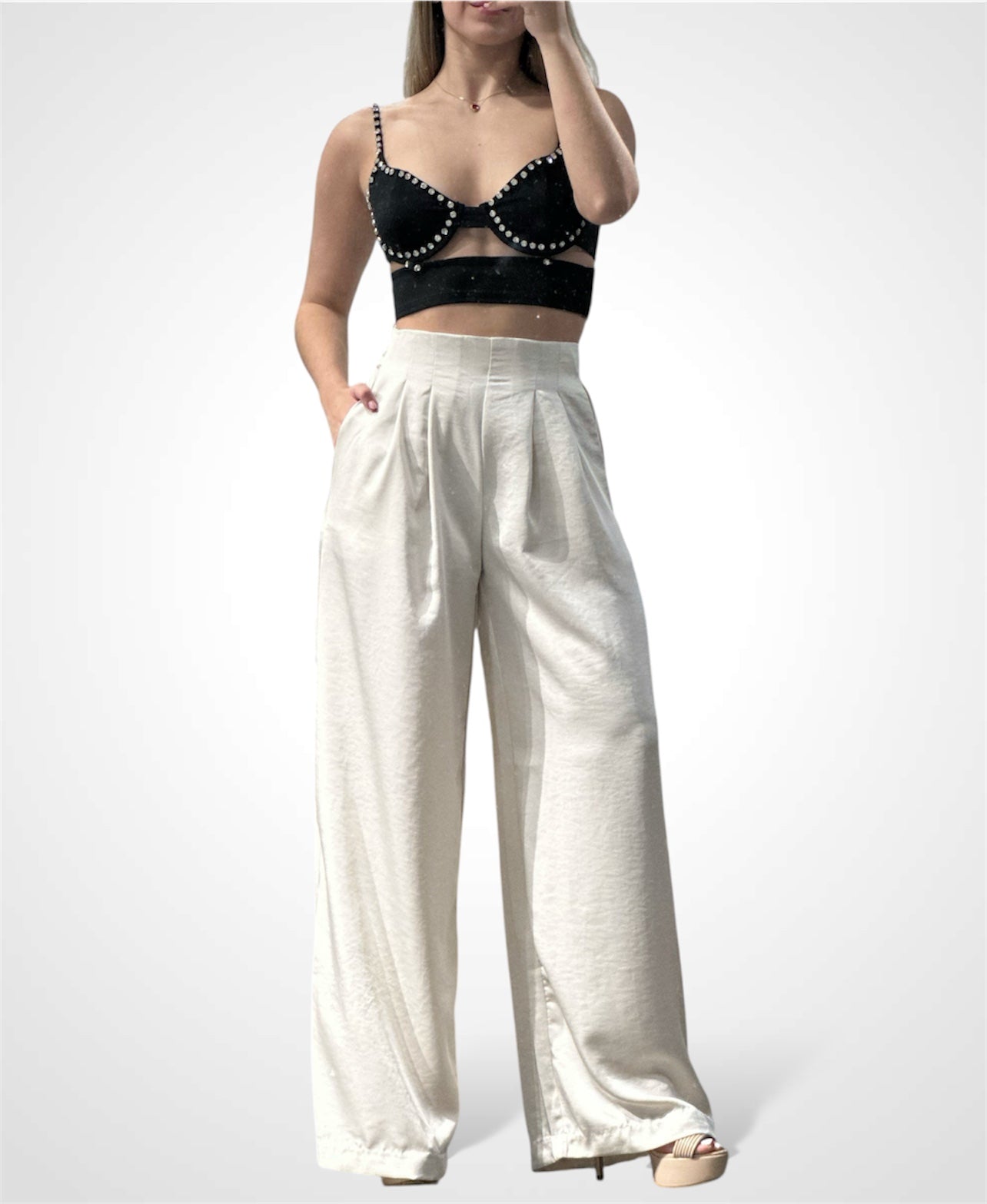 AUBREY RHINESTONE EMBELLISHED BRA CUTOUT CROP TOP