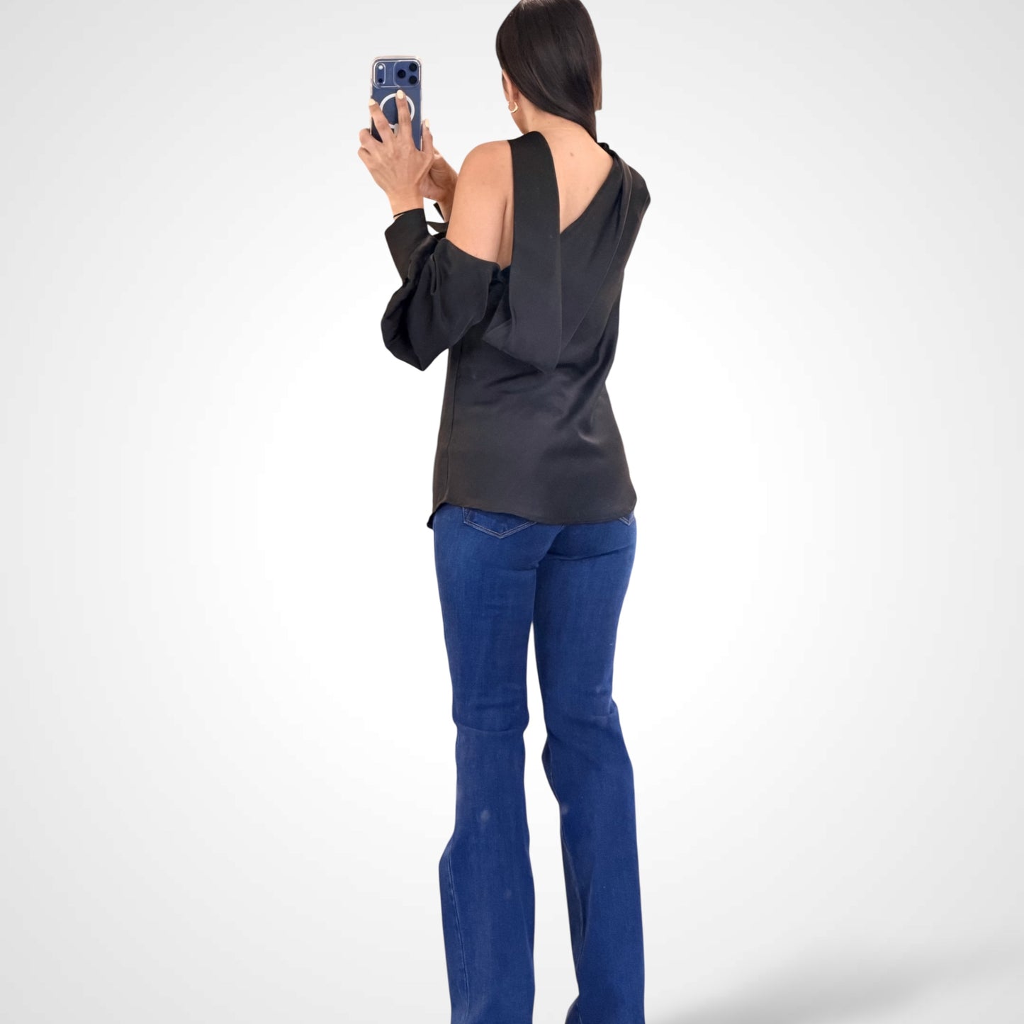 BLACK OFF SHOULDER SILKY SATIN BLOUSE