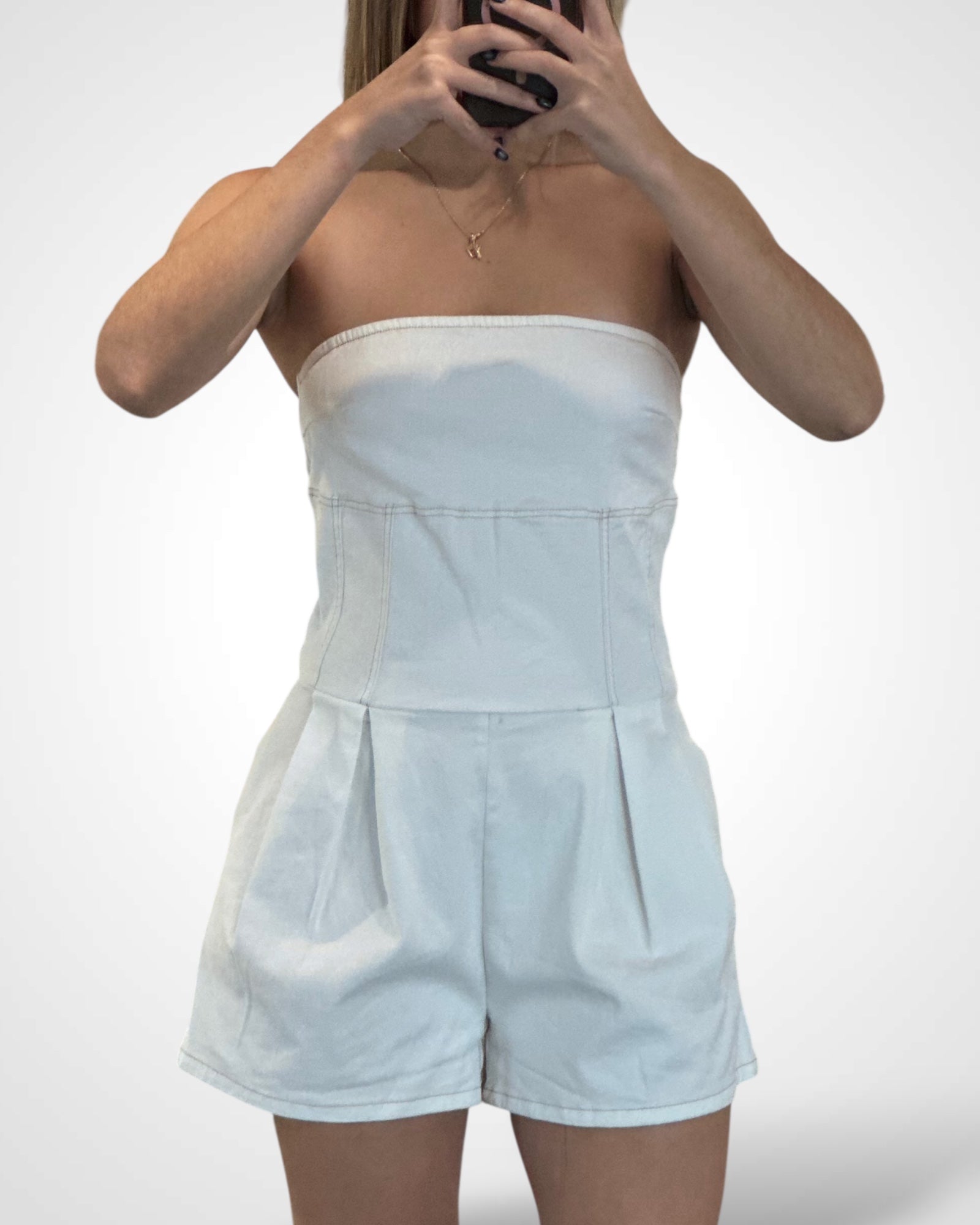 (WHITE) DENIM TUBE PLEATED ROMPER
