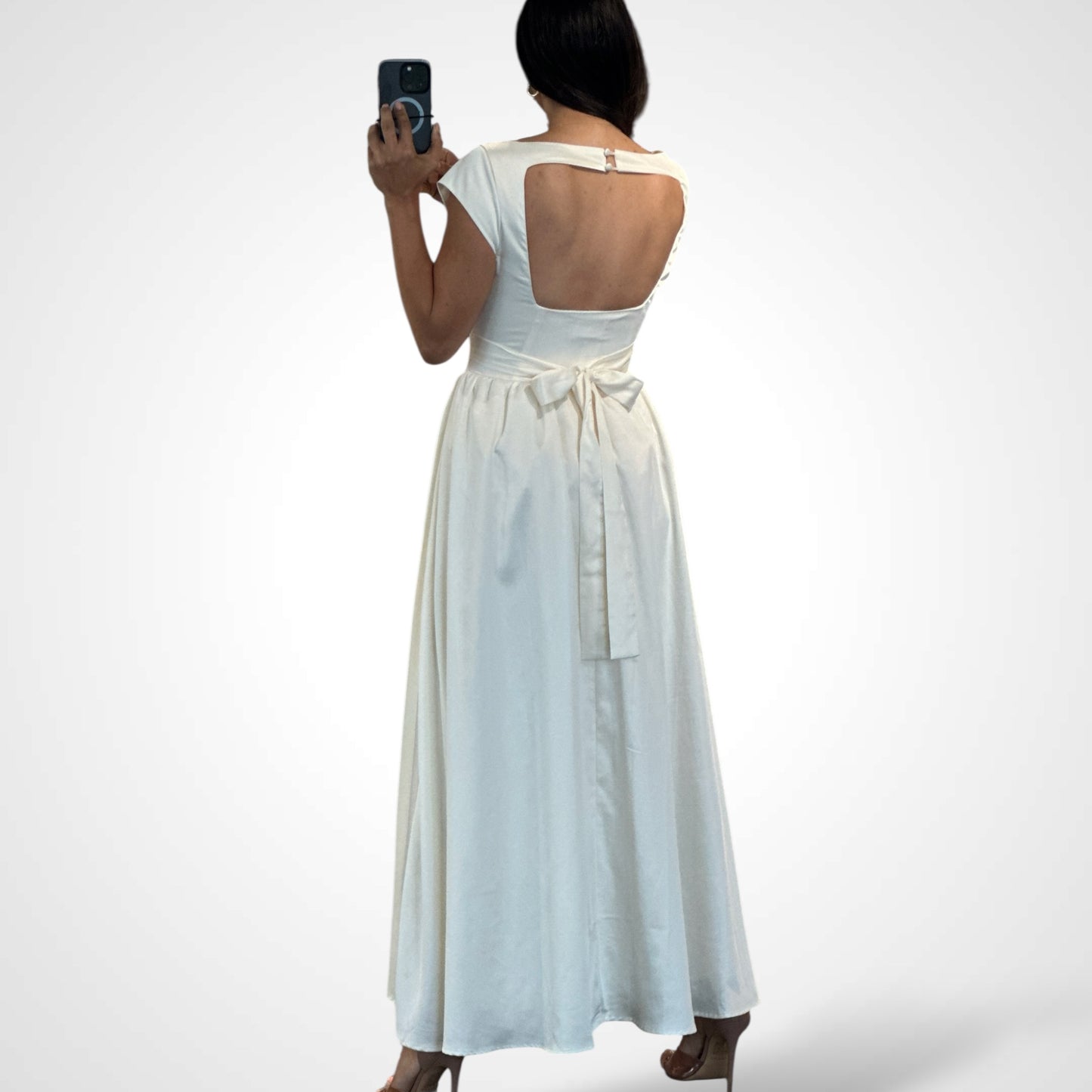 SATIN BOAT NECKLINE MIDI DRESS