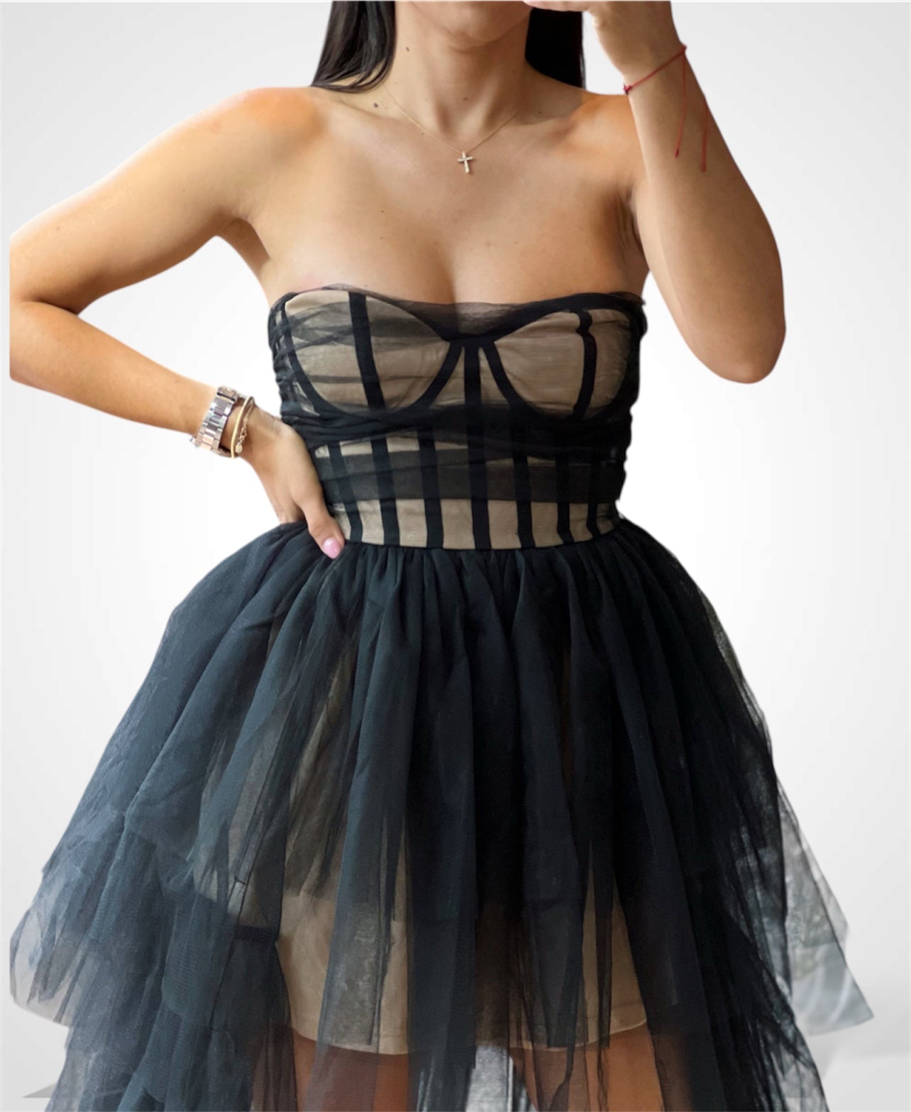 TIERED MESH BUSTIER DRESS