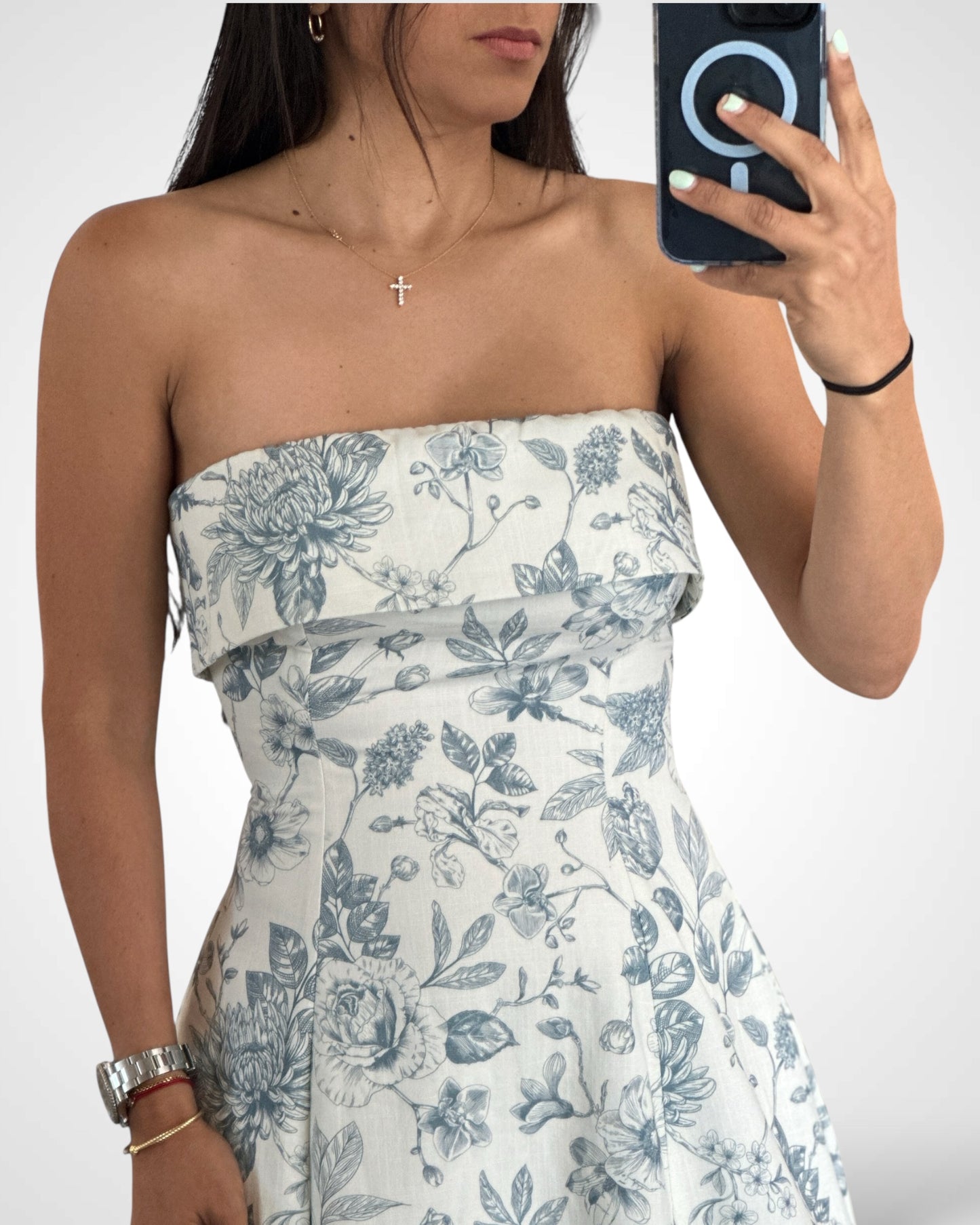 STRAPLESS FLORAL PRINTED MIDI DRESS