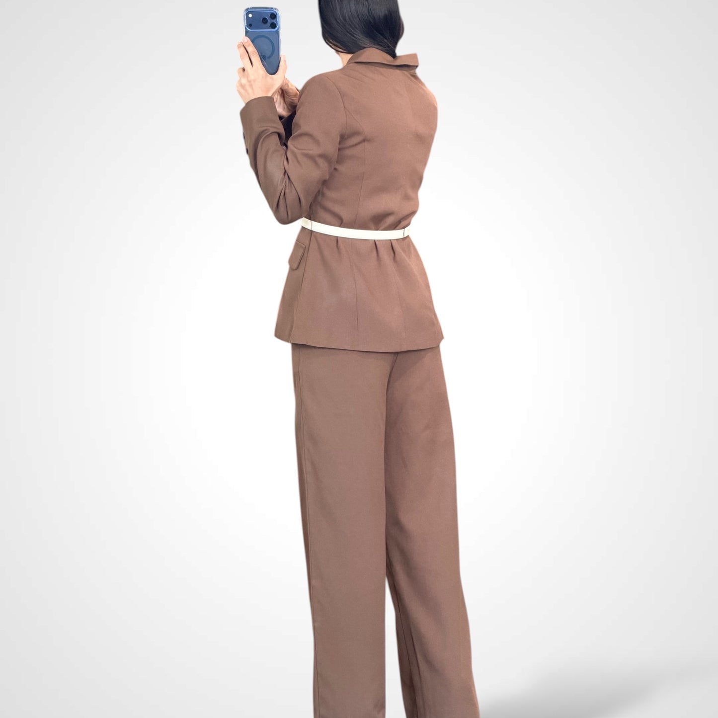 Contrast Brown Trim Blazer and Pants Set