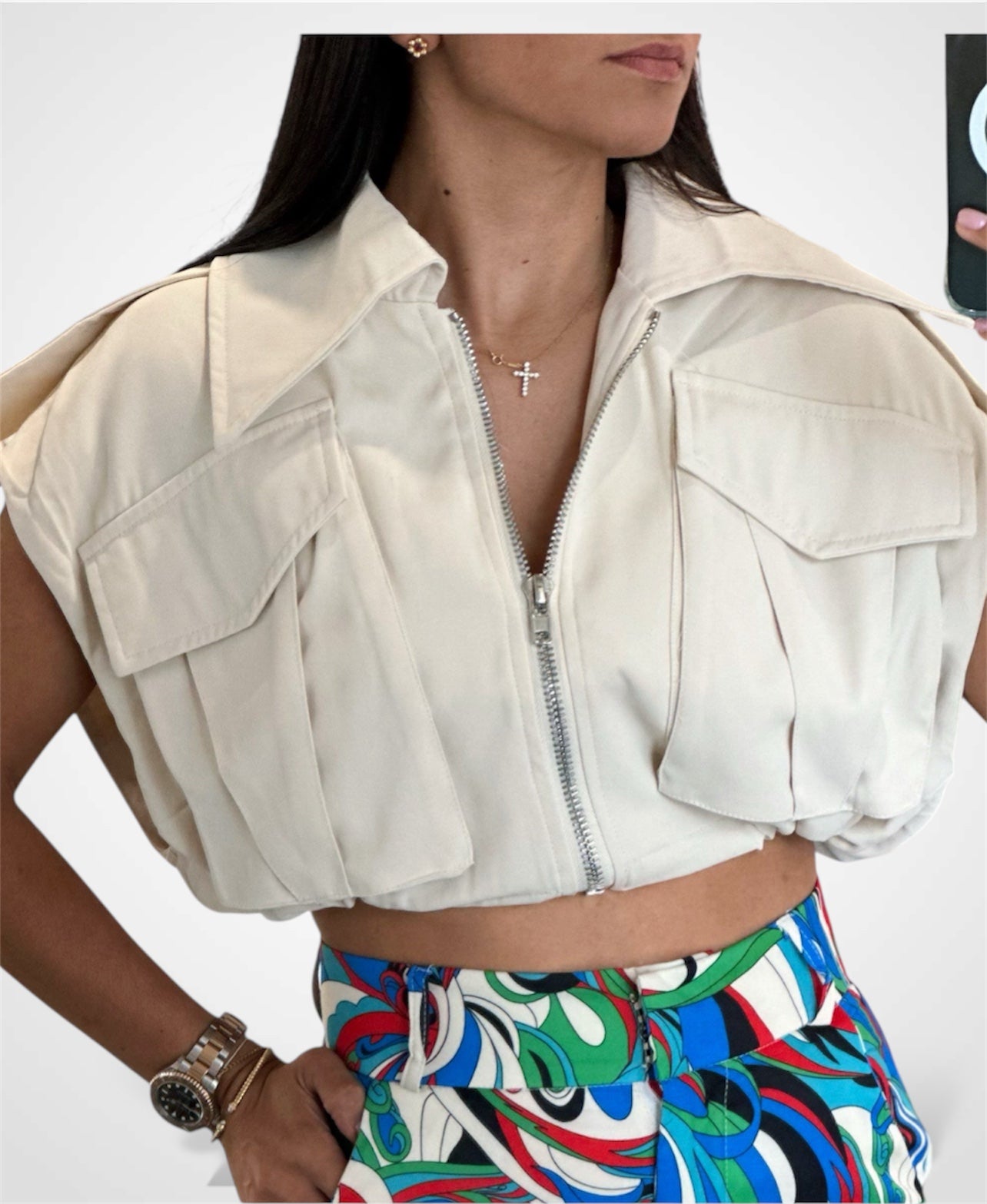 CREAM CROPPED VEST BOUNDLESS WITH POCKETS