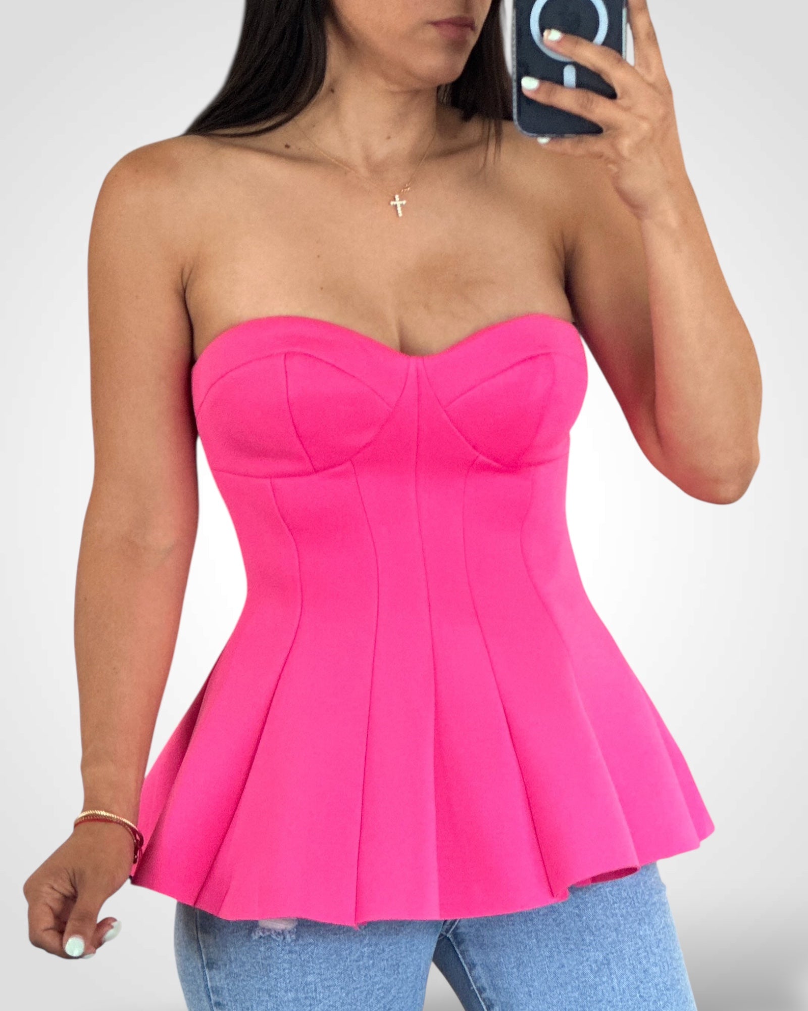 SOLID OFF SHOULDER FORM FITTING PEPLUM BUSTIER TOP (Punk)