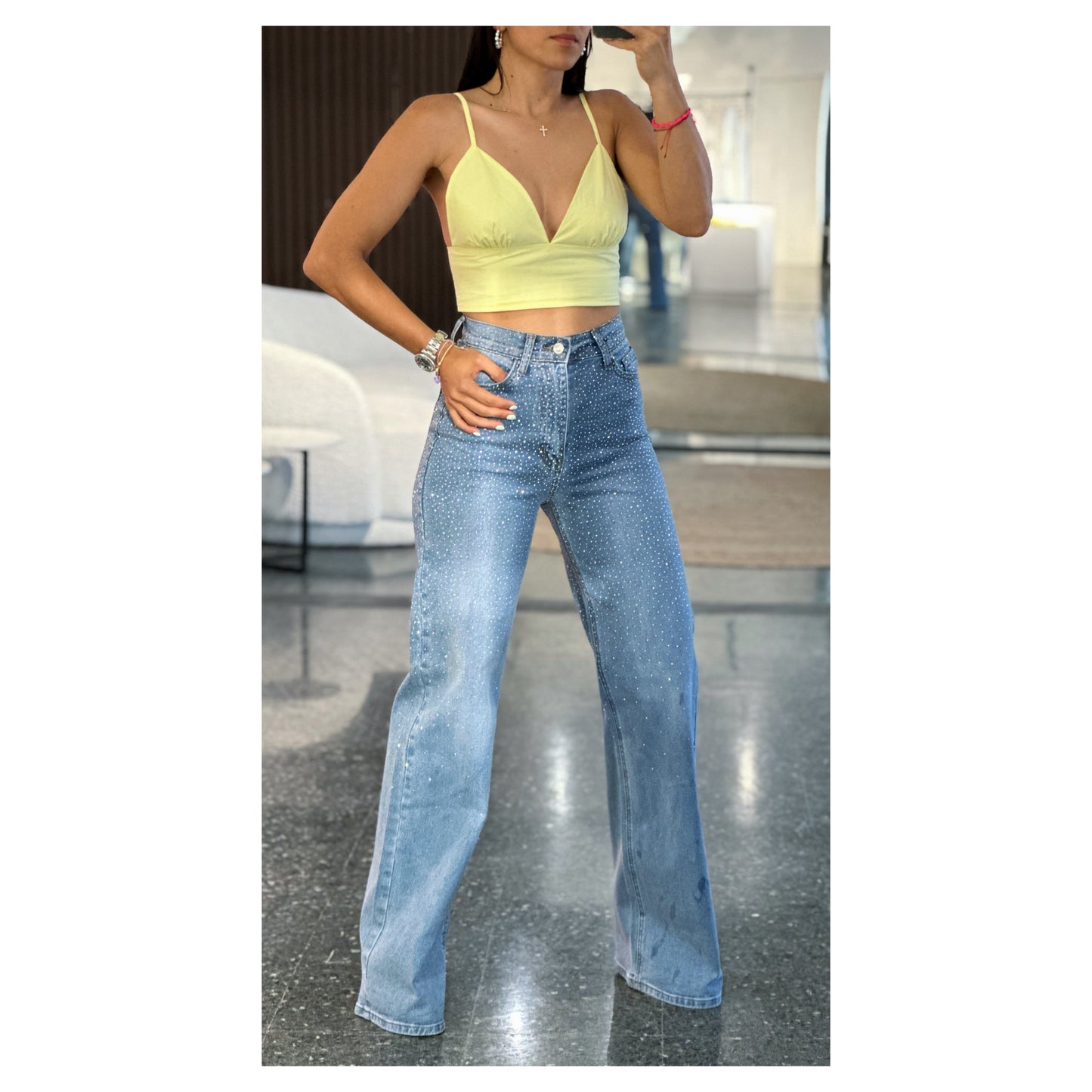 IRIDESCENT RHINESTONE HIGH-RISE WIDE LEG JEANS