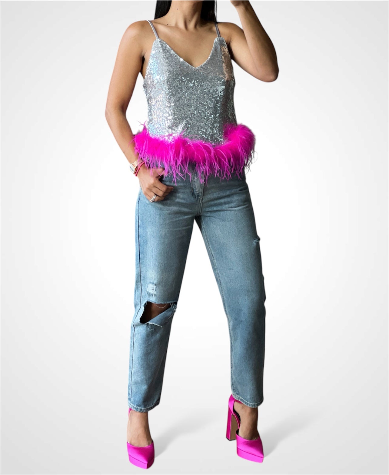 Feathers Trim Sequin Top