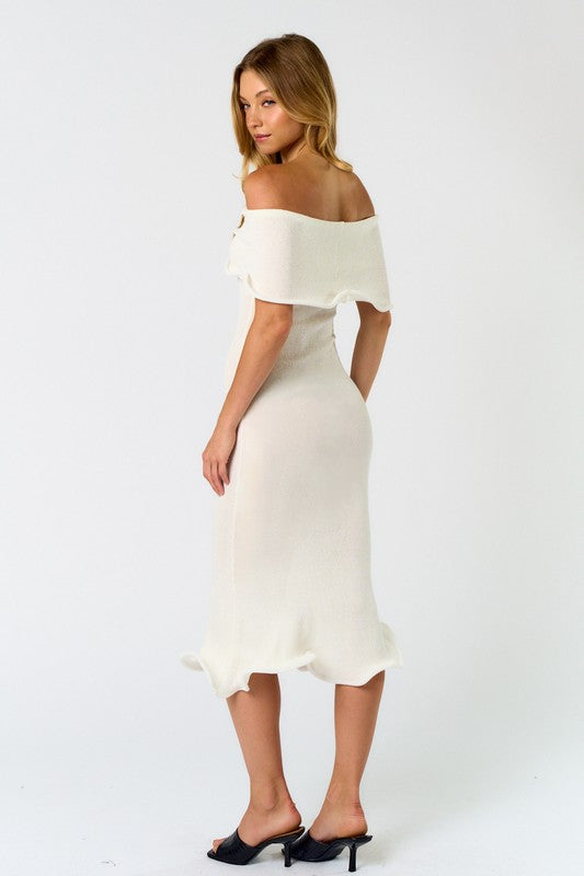 WHITE WAVY HEM OFF SHOULDER SWEATER MIDI DRESS