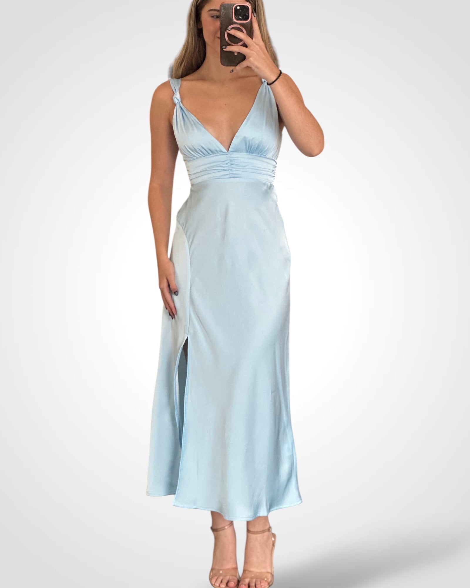 Satin Cami Pleated V-neck Maxi Dress