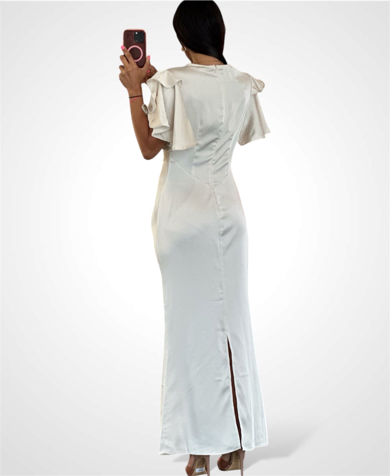 RUCHED WAIST V NECK SATIN MIDI DRESS