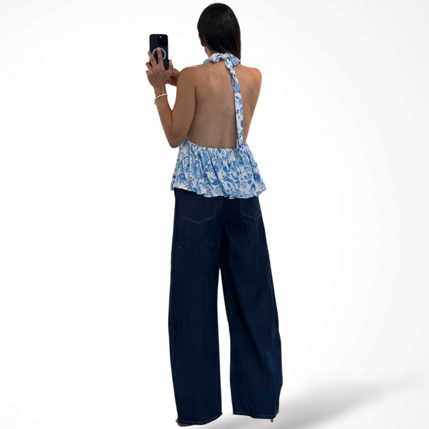 Tropical Halter Front Tie Open Back Ruffle Top