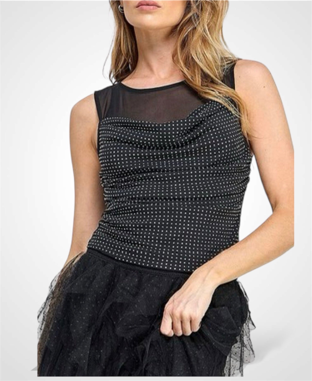 SLEVELESS MESH STUDS COWL NECK BLOUSE TANK TOP