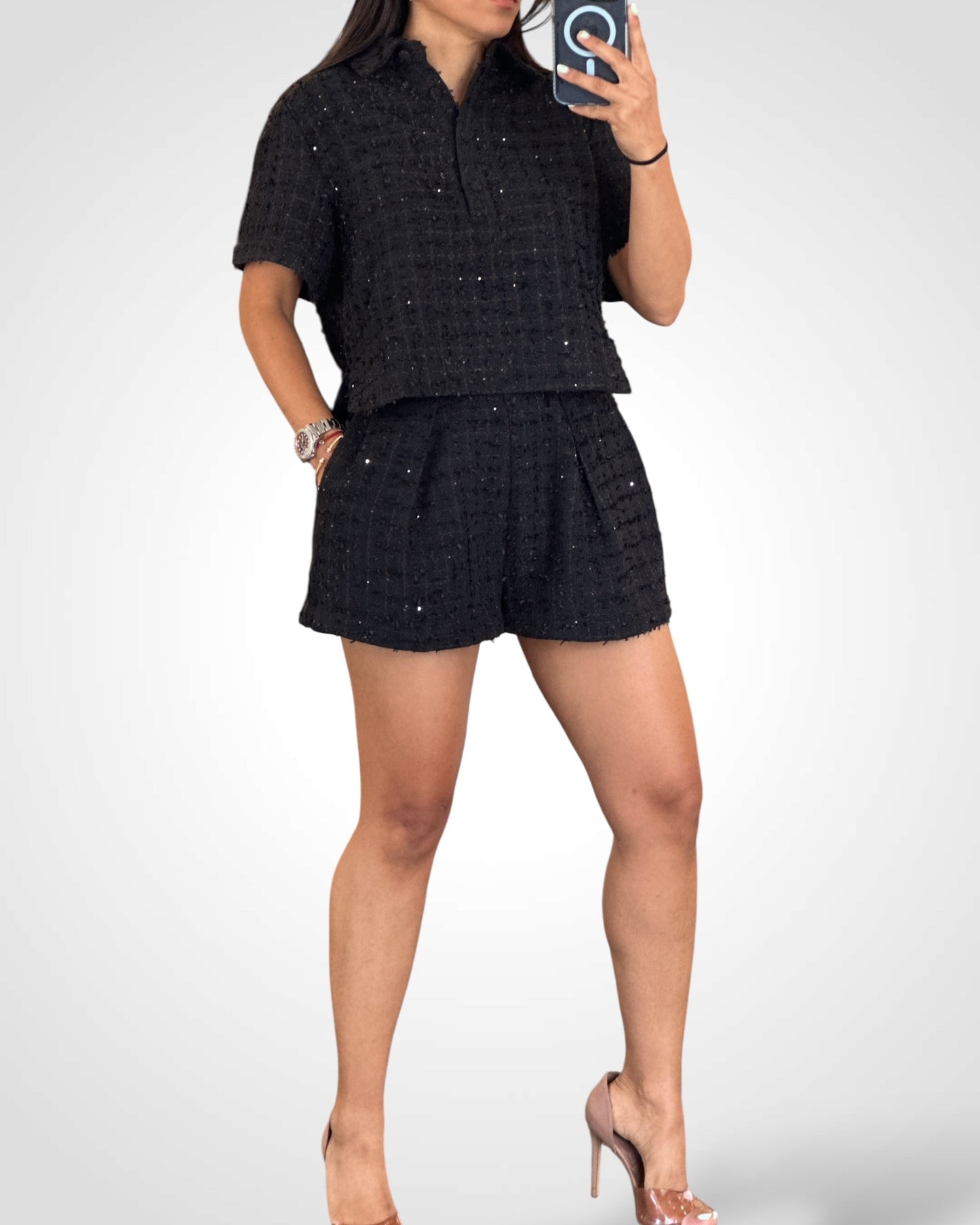 TWEED SHIRT AND PLEATED SHORTS