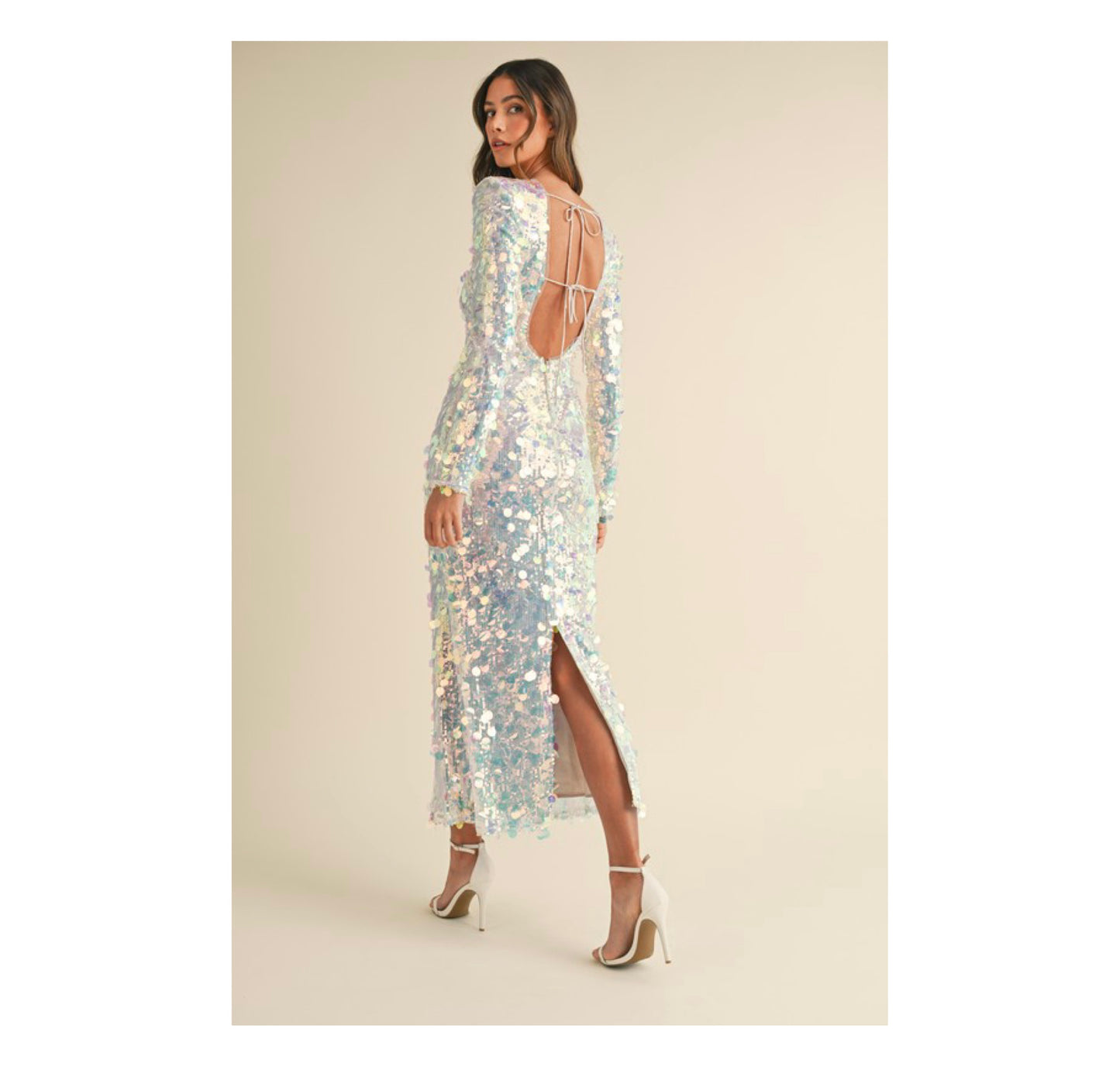 SEQUIN LONG SLEEVE OPEN BACK MERMAID MIDI DRESS