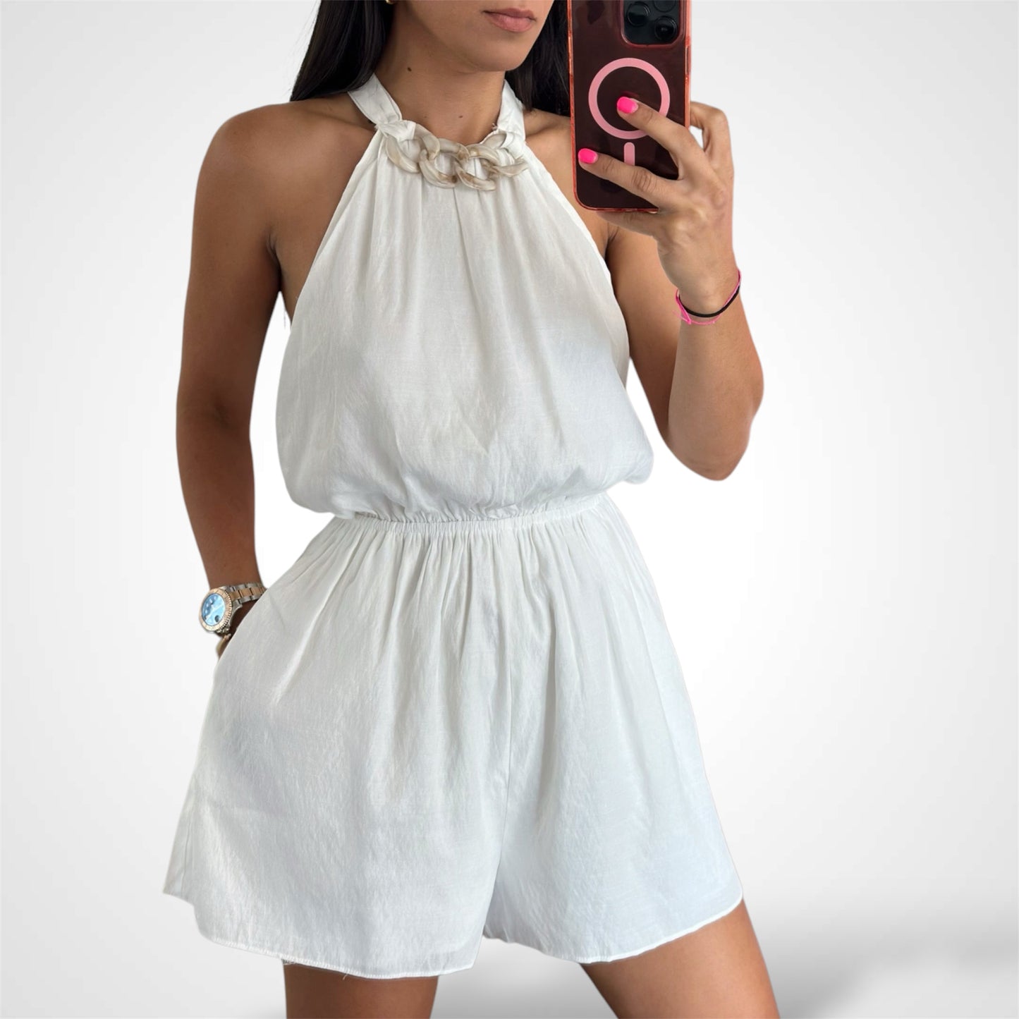 OFF WHITE RING DETAIL HALTER ROMPER