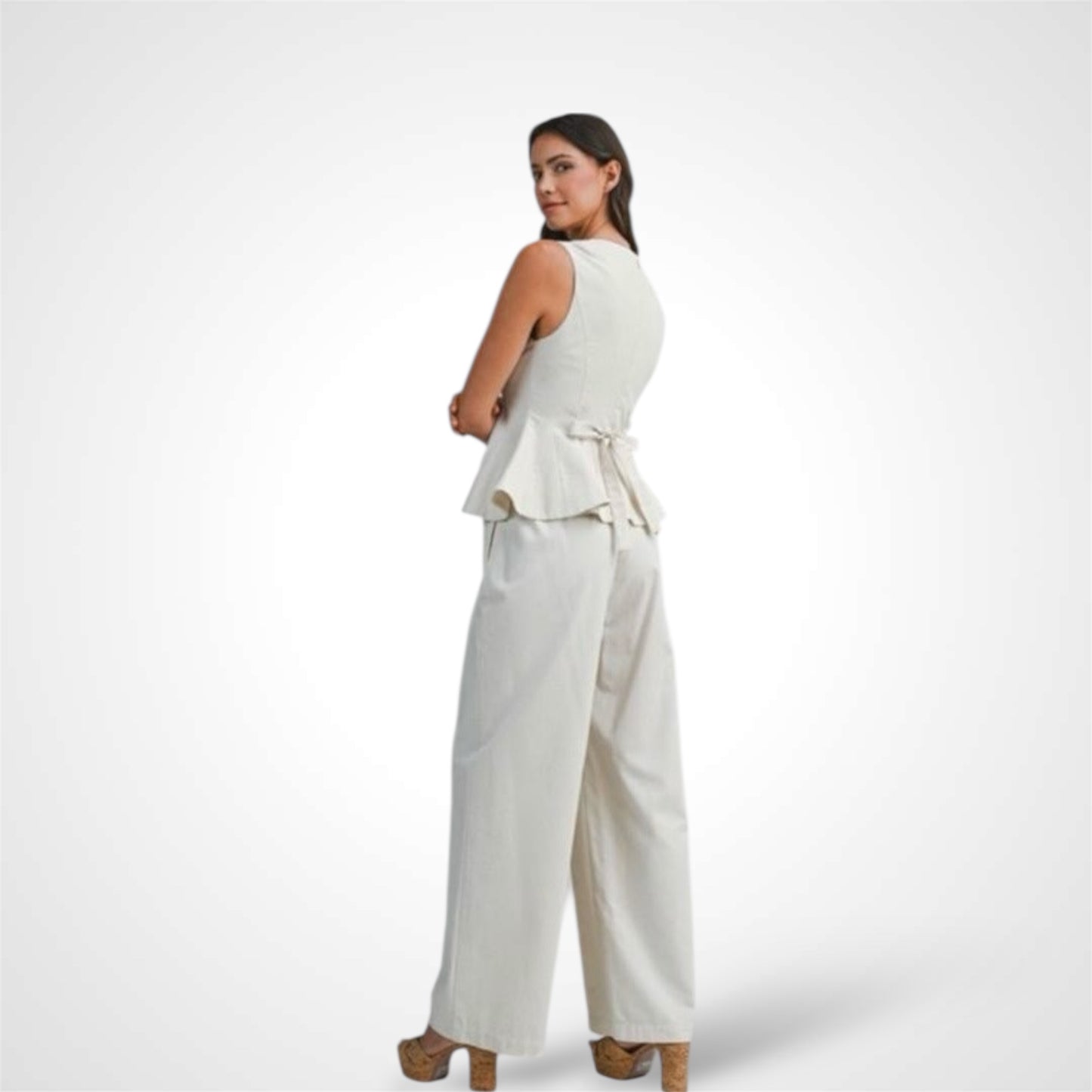 Linen Sleeveless Peplum Top and Pants Set Oatmeal