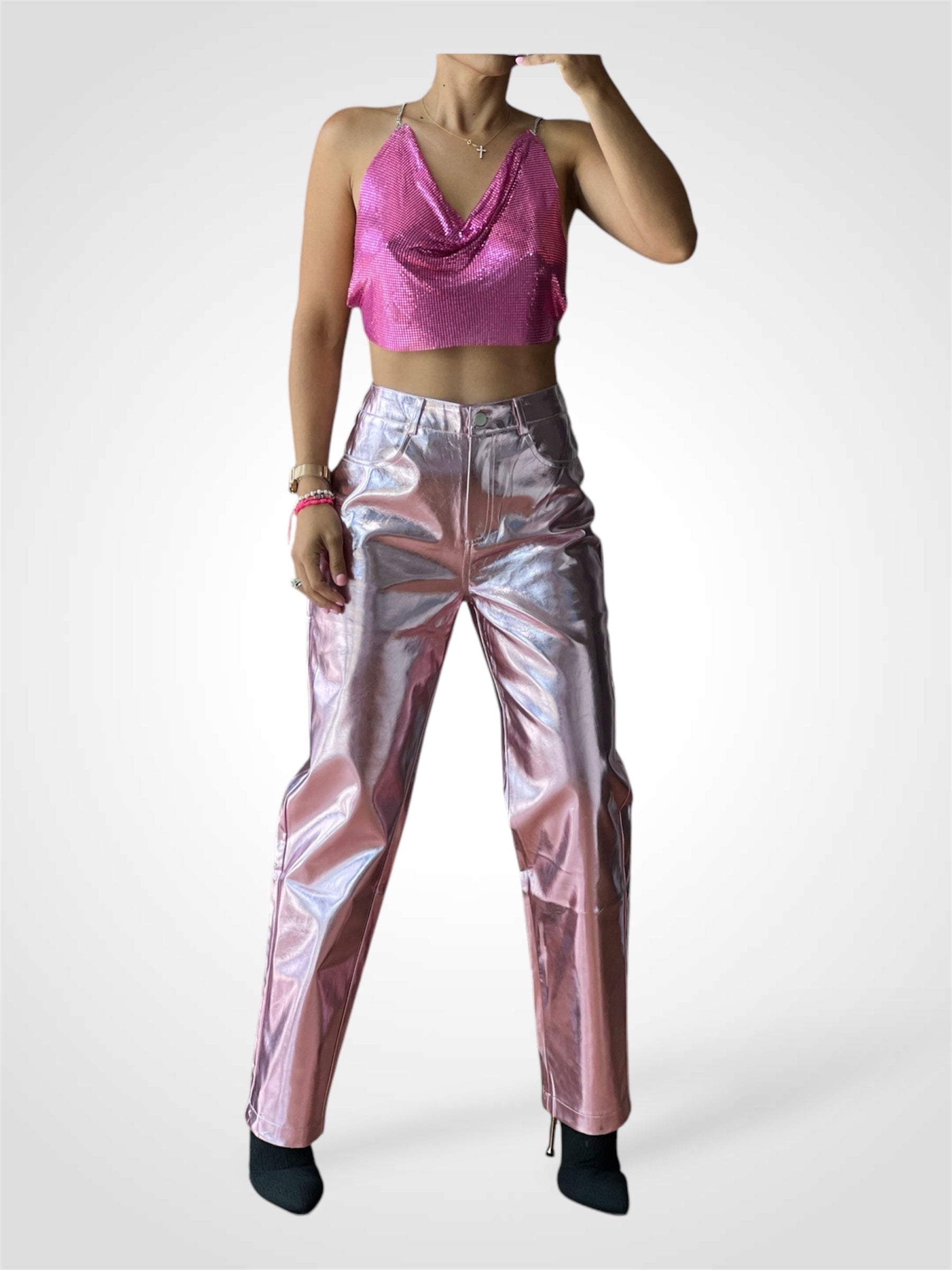 Metallic Pale Pink Pu Pants