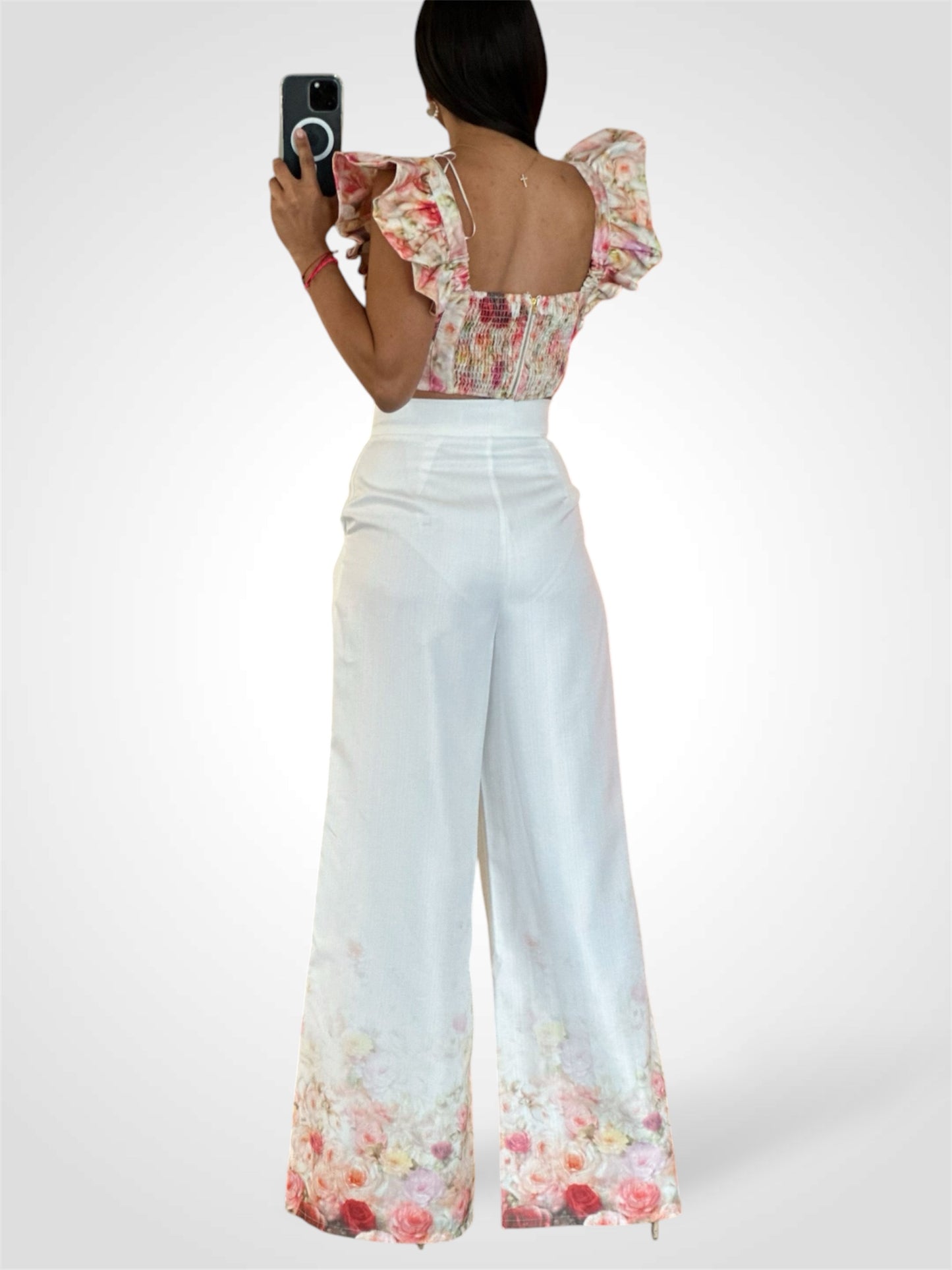 White Garden Print Hem Pants