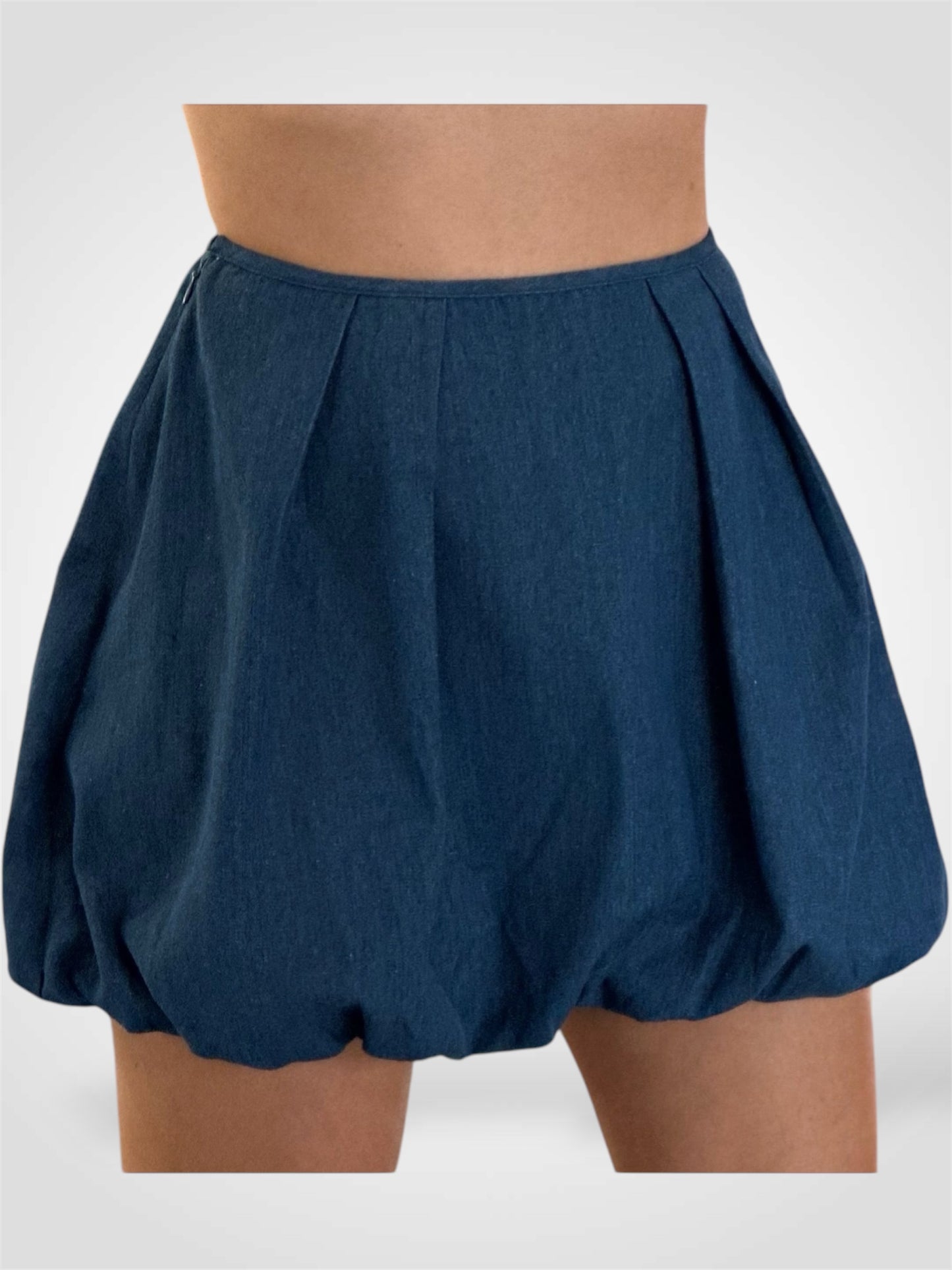 DENIM MINI BUBBLE HEM SKIRT WITH PLEATS DETAIL