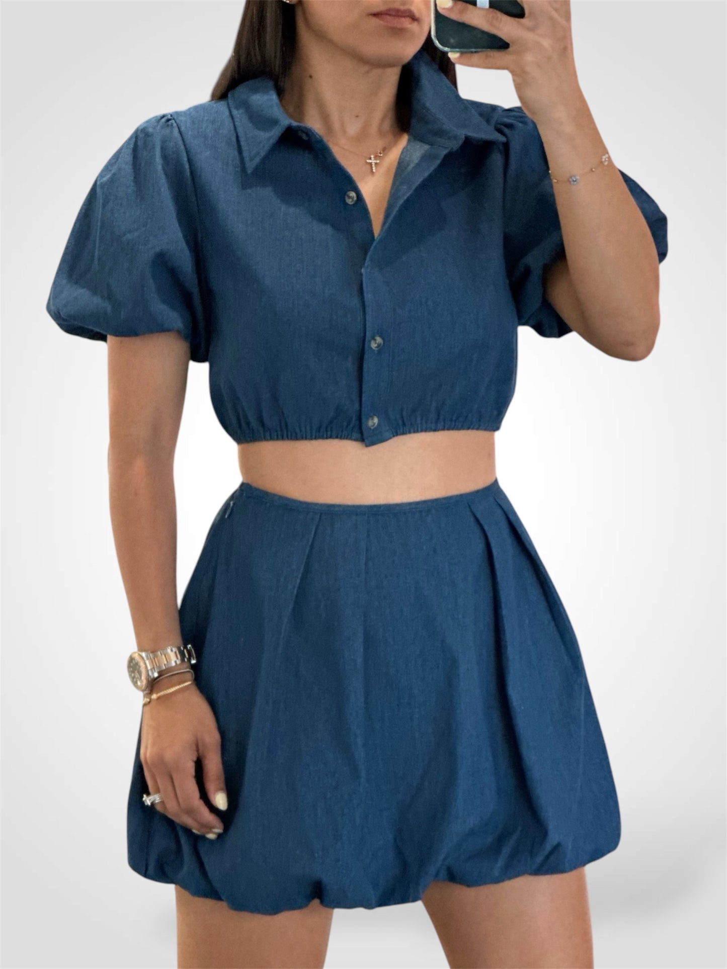 DENIM MINI BUBBLE HEM SKIRT WITH PLEATS DETAIL