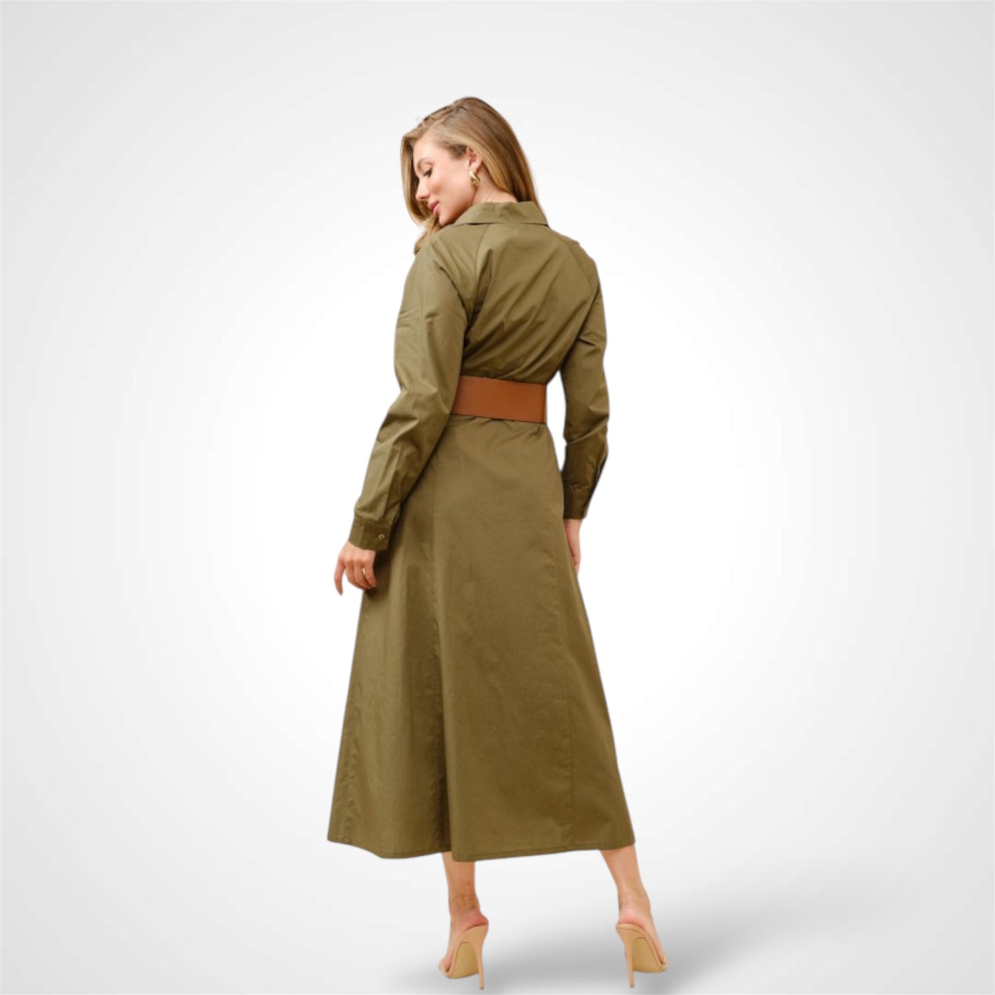 OLIVE LONG SLEEVES SHIRT DRESS WITH FAUX LEATHER WAIST BELT