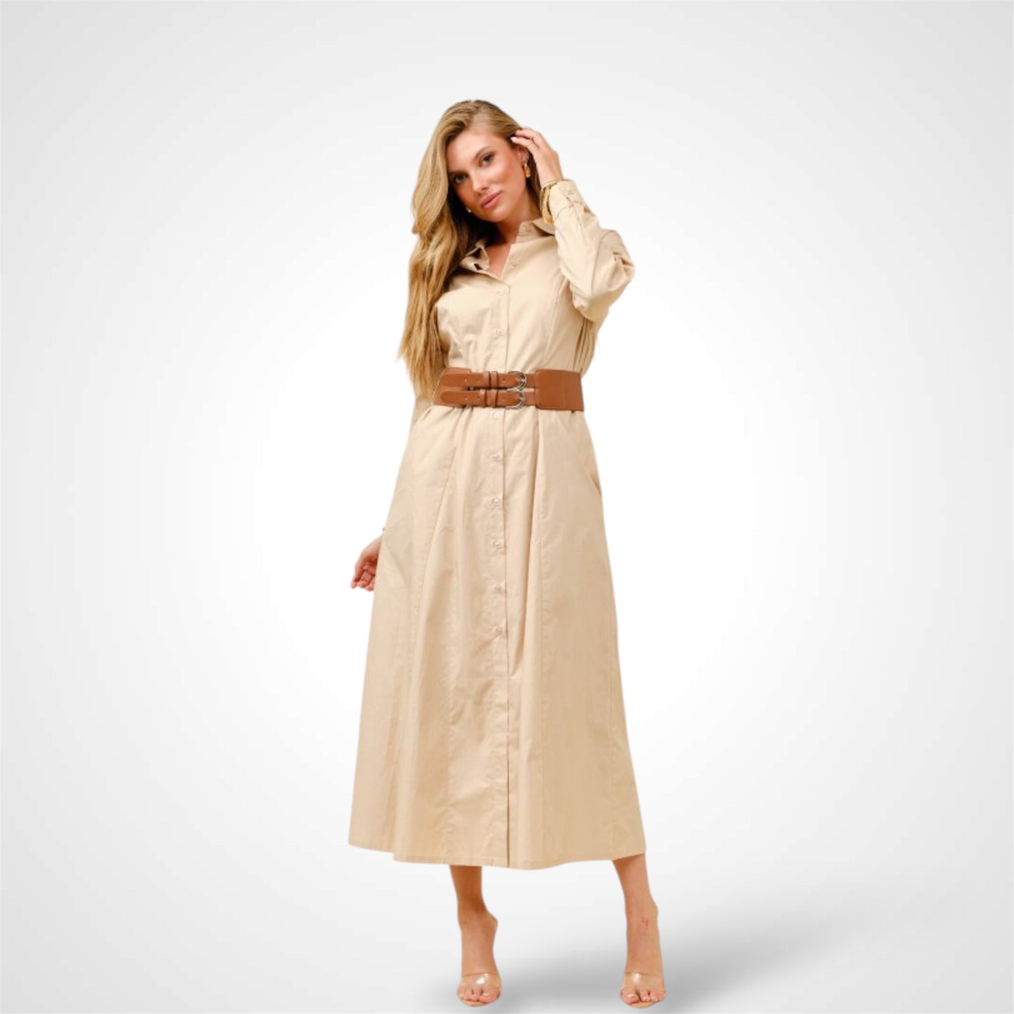LT.BEIGE LONG SLEEVES SHIRT DRESS WITH FAUX LEATHER WAIST BELT