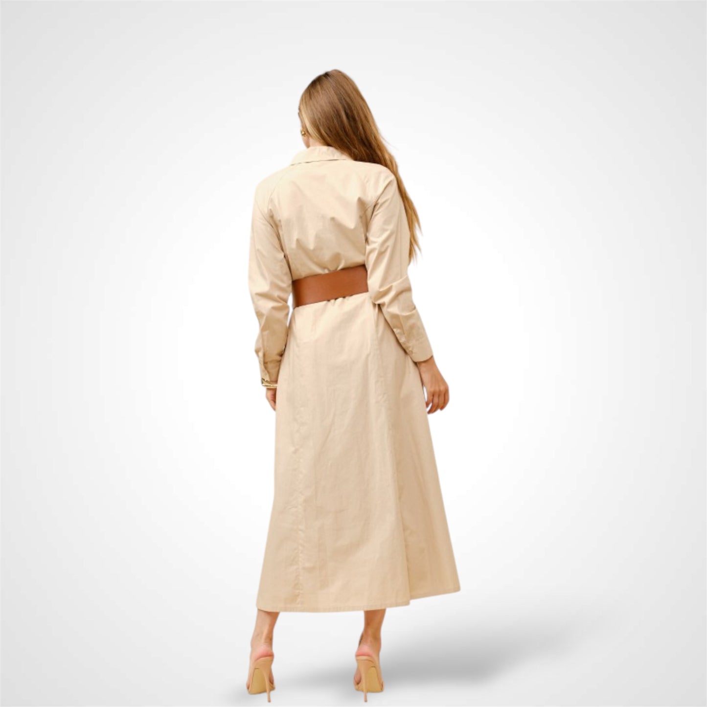 LT.BEIGE LONG SLEEVES SHIRT DRESS WITH FAUX LEATHER WAIST BELT