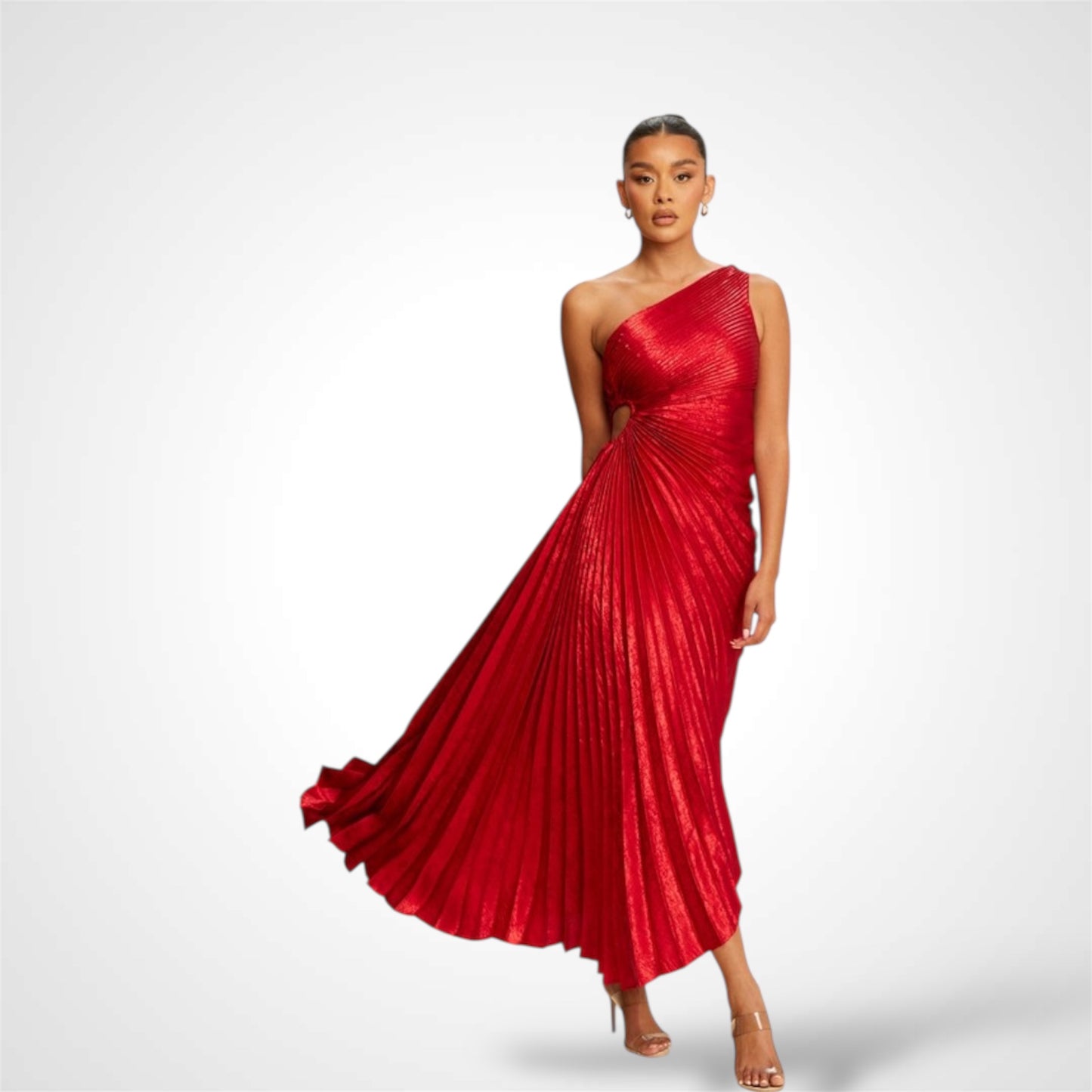 Red Metallic Pleated One S Dress