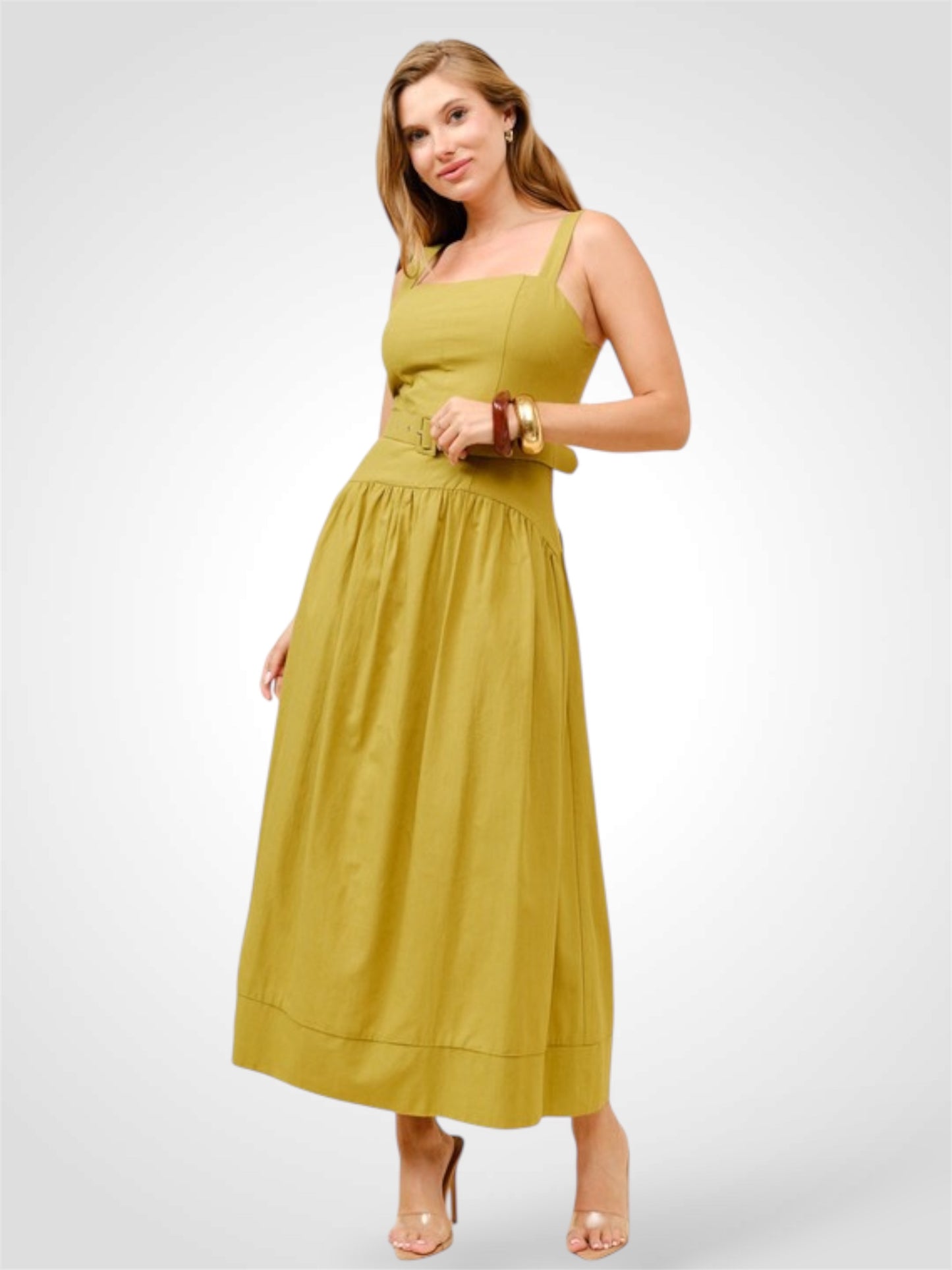 Olive Square Neck Poplin Midi Dress