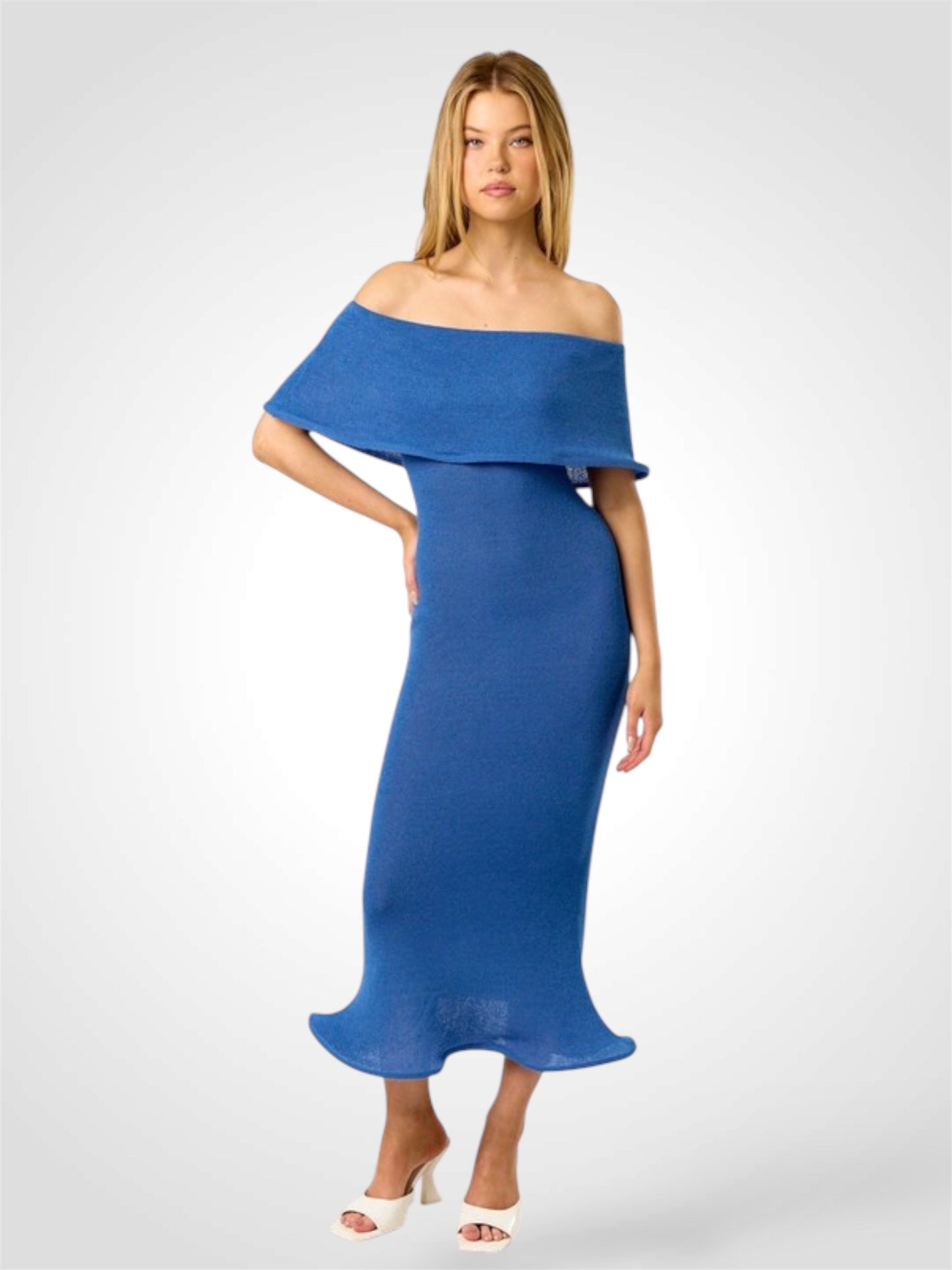 Blue Wavy Hem Off Shoulder Sweater Midi Dress