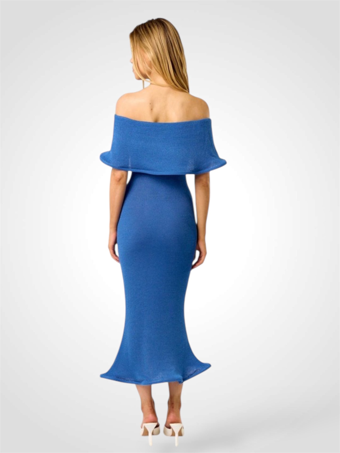 Blue Wavy Hem Off Shoulder Sweater Midi Dress